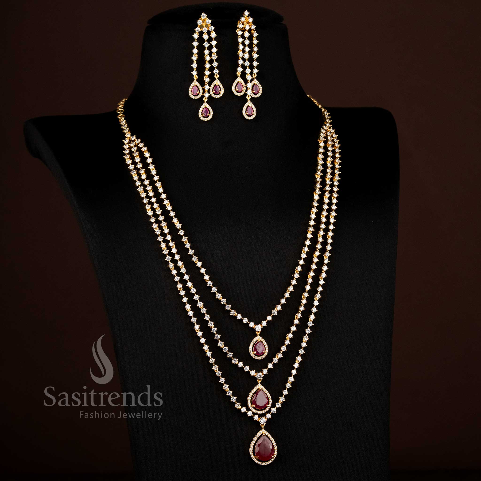 Guaranteed American Diamond Micro Gold Plated Three Layer Teardrop Stone Long Necklace Jewellery Set for Festive Wear - Image 7
