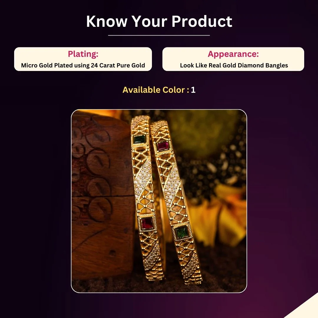 Traditional Micro Gold Plated American Diamond Bangles with Ruby and Green Square Stones - Sasitrends - Image 2