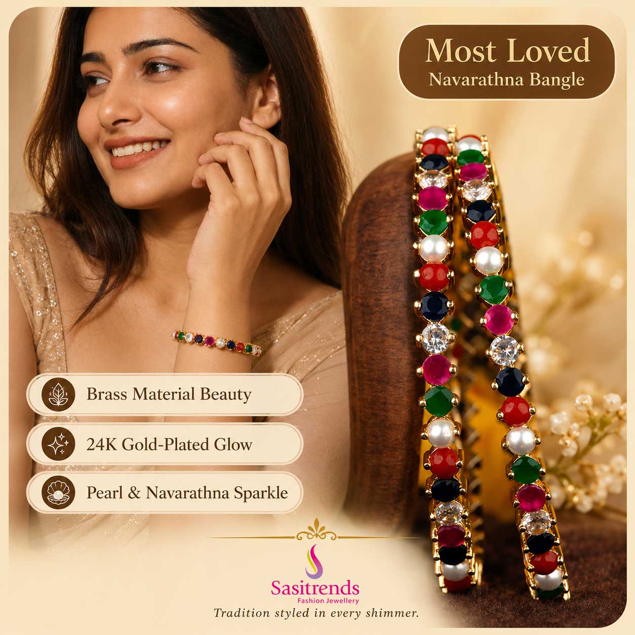Vibrant Navaratna Micro Gold Plated American Diamond Bangles with Multi-Color Gemstones - Sasitrends - Image 2