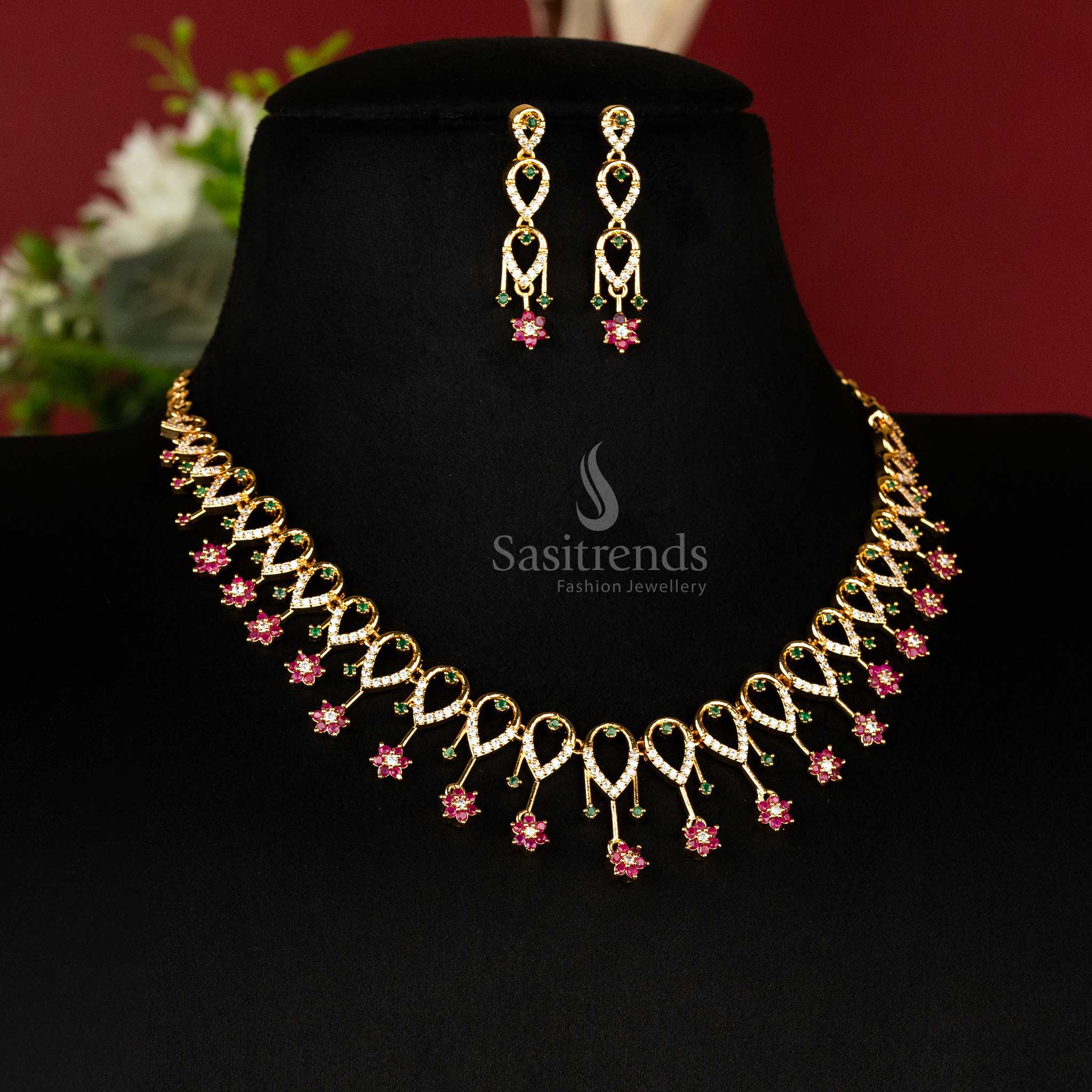 Sasitrends - Glamorous One Gram Micro Gold-Plated Floral Loop Necklace Jewellery Set With AD Stones - Image 3
