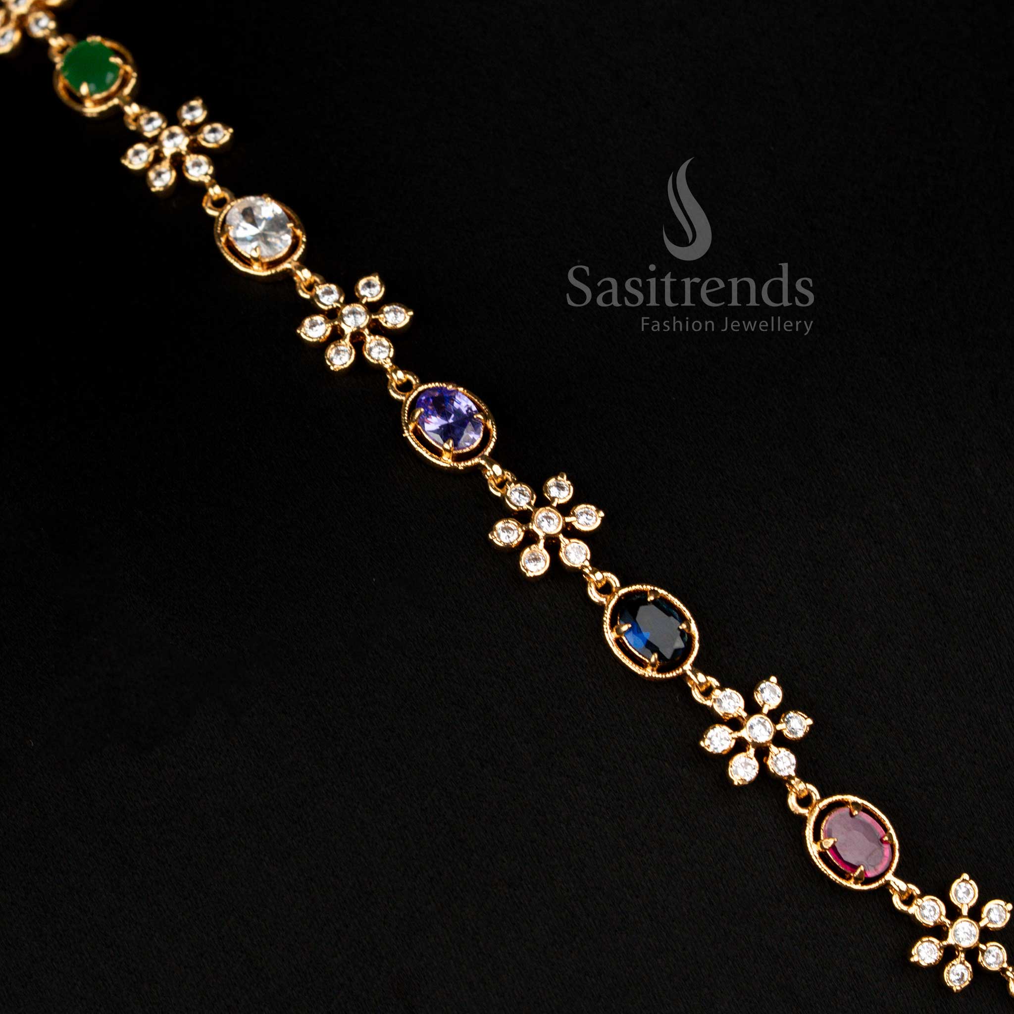 Traditional wear Impon Addigai Micro Gold Plated Pachaloha American Diamond Floral Motif Necklace - Sasitrends - Image 6