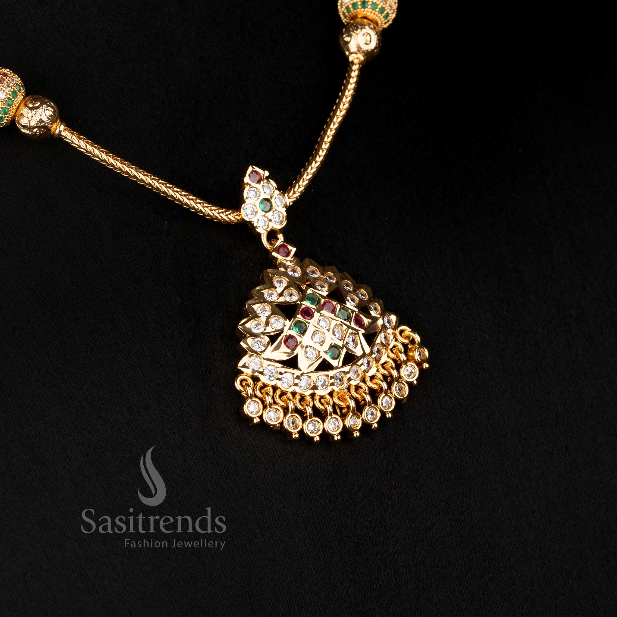 Impon Addigai Micro Gold AD Stone Necklace with Fan-Layered Pendant and Floral Connector β 24K Pure Gold Plated - Image 4