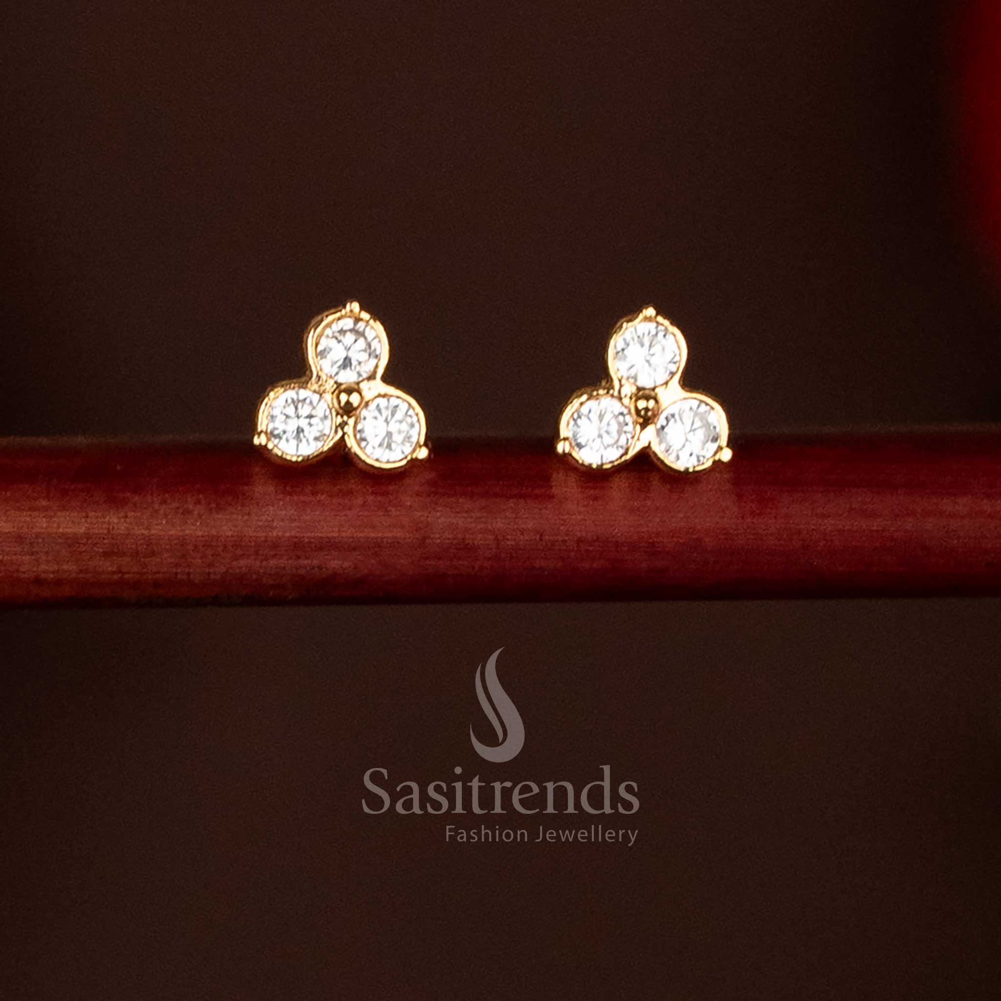 Guaranteed Impon Addigai Micro Gold Plated AD Stone Trinity Motif Stud Earrings – Traditional Temple Wear
