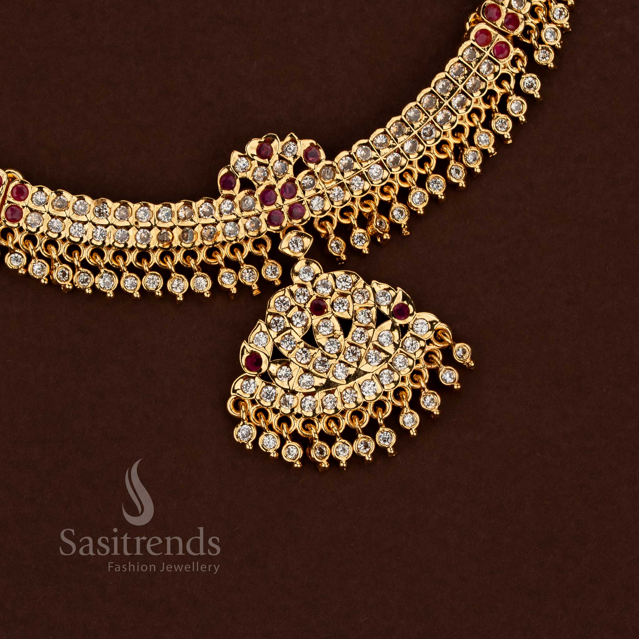Guaranteed Impon Addigai Micro Gold Plated Dual Linear Round Stone with Heart Pendant Necklace - Image 2