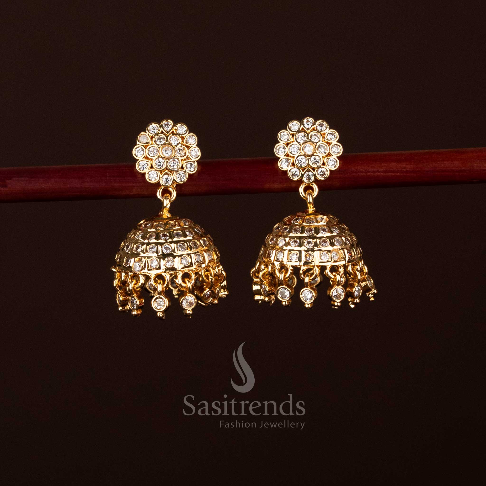 Premium Impon Addigai 24K Micro Gold Plated AD Stone Floral Top Jhumka Earrings – Traditional & Festive Wear - Image 2