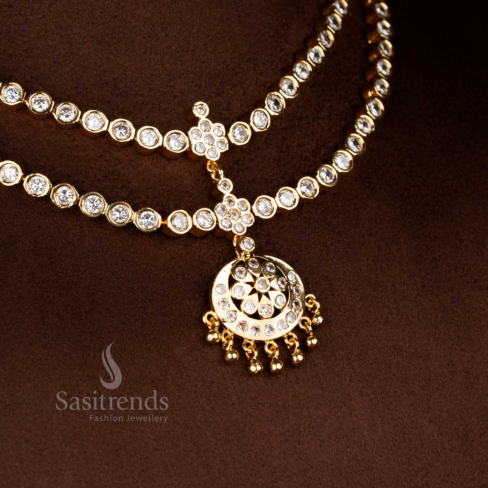 Guaranteed Impon Micro Gold Plated Round Stone Crescent Floral Pendant Two-Layer Attigai Necklace Jewellery Sets for Traditional - Image 12