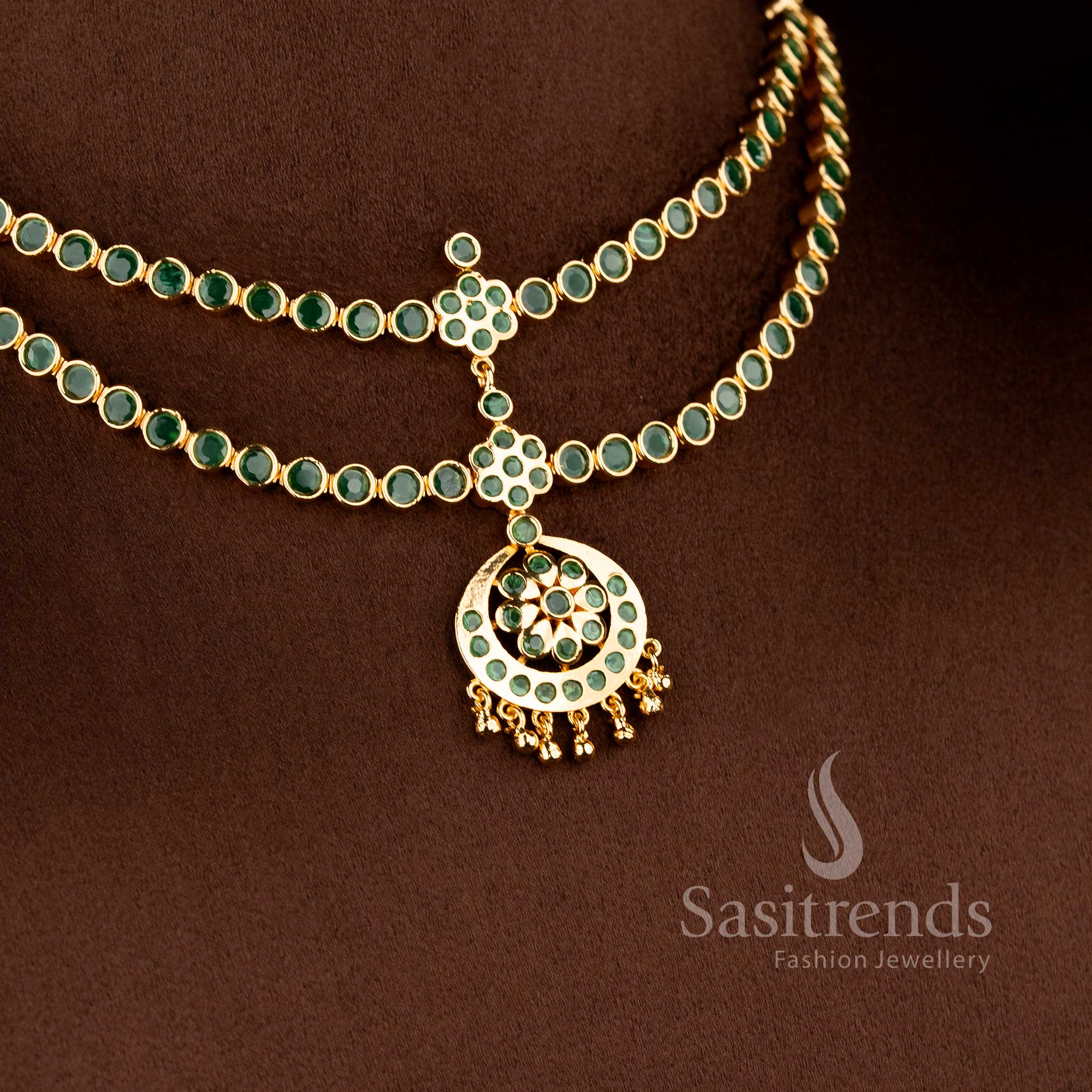 Guaranteed Impon Micro Gold Plated Round Stone Crescent Floral Pendant Two-Layer Attigai Necklace Jewellery Sets for Traditional - Image 14