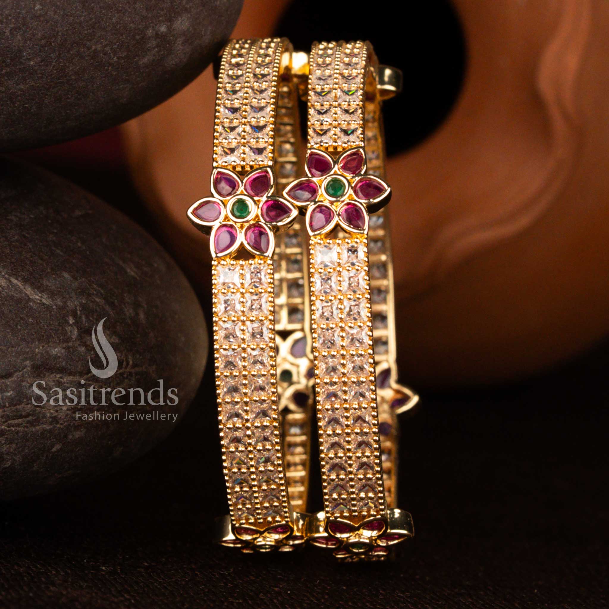 Elegant Guaranteed Micro Gold Plated American Diamond Double Linear Square Stone Floral Bangles – Premium One Gram Jewellery with Real Gold Finish - Image 3