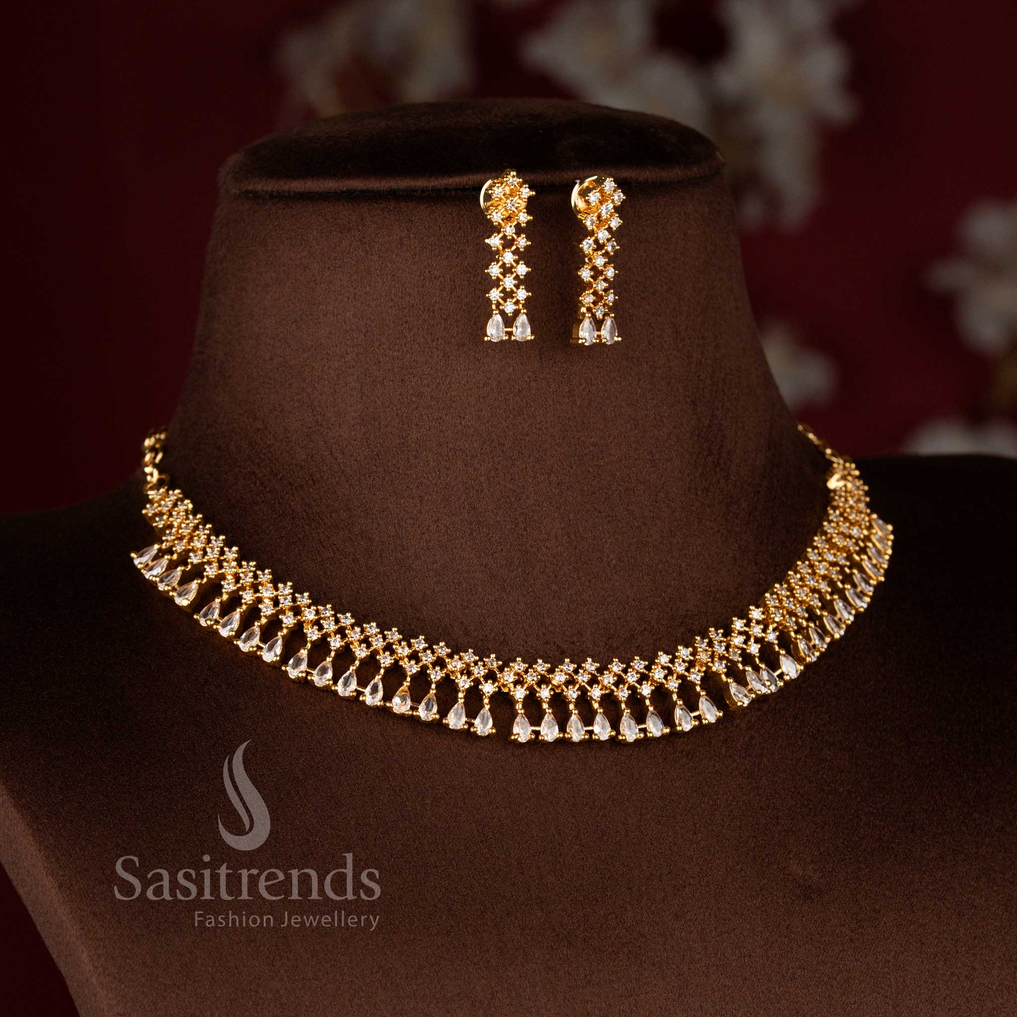 Elegant Micro Gold Plated American Diamond Floral Necklace Set with Round & Pear Cut Stones – Guaranteed - Image 6