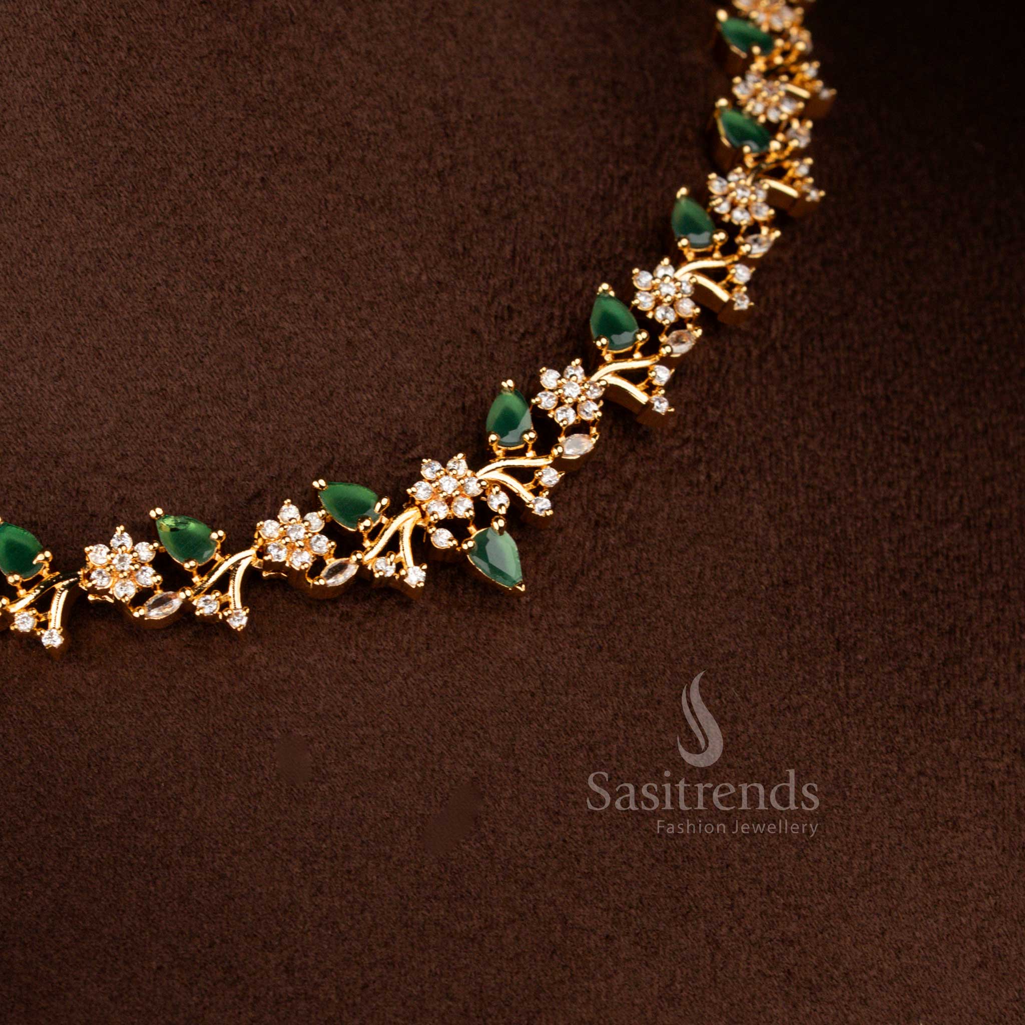 Beautiful Guaranteed Micro Gold Plated American Diamond Floral Vine Scalloped Garland Necklace Set – Bridal & Festive One Gram Jewellery - Image 5