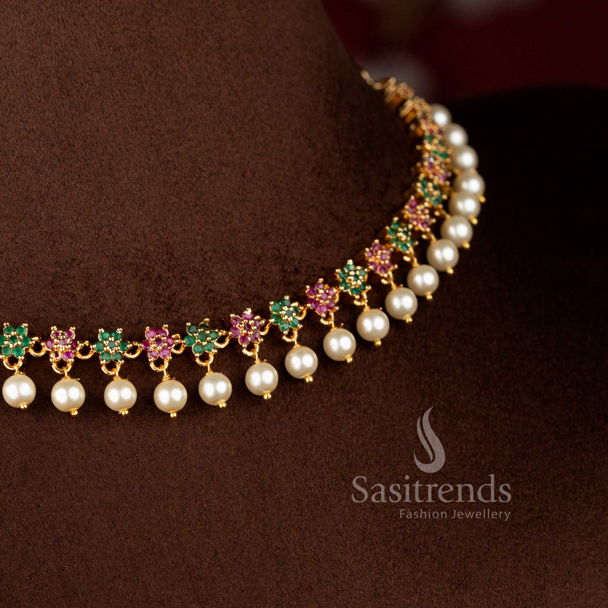 Dazzling Micro Gold Plated American Diamond Star Floral Necklace Set with Pearl Drops – One Gram Jewellery with 24 Carat Gold Shine - Image 10