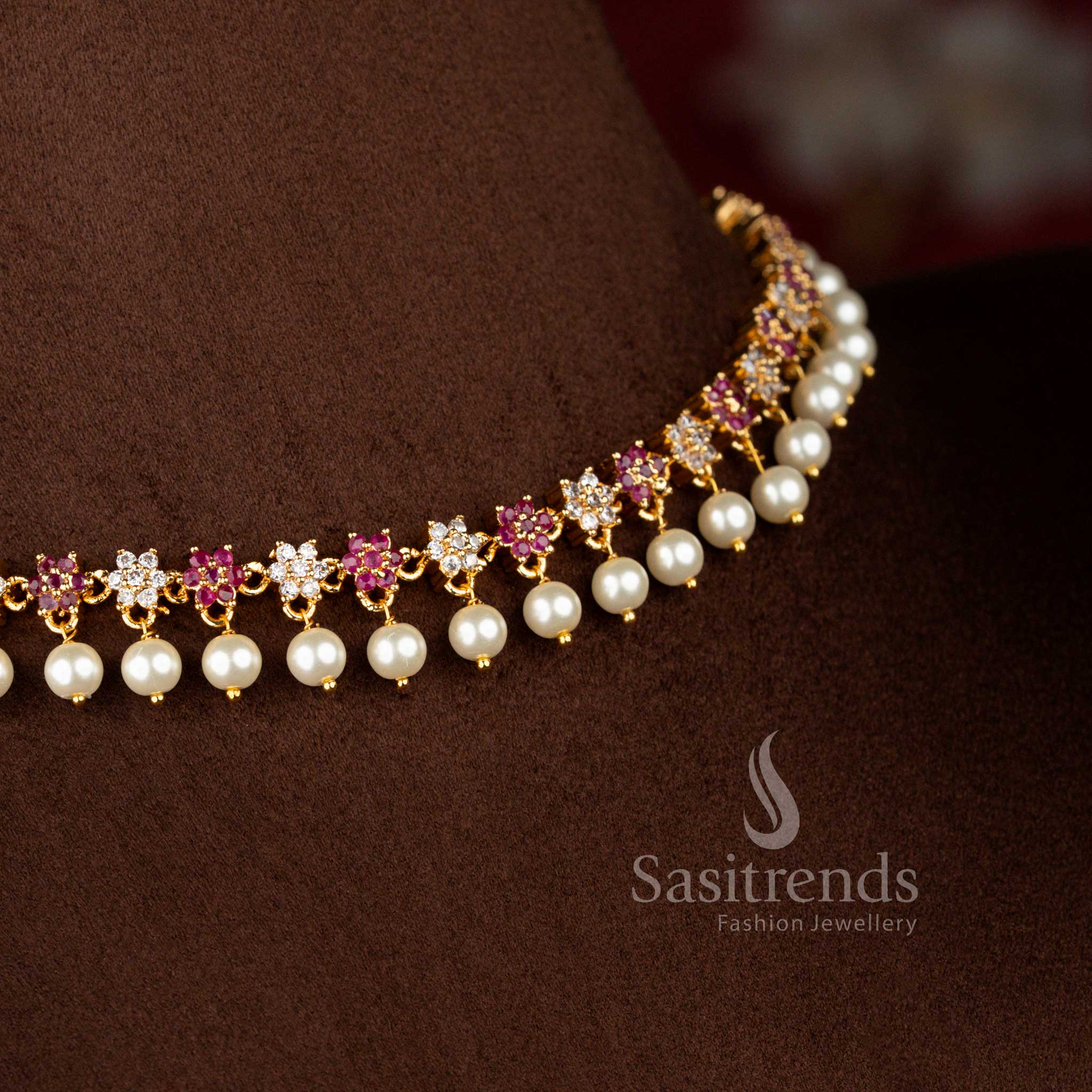 Dazzling Micro Gold Plated American Diamond Star Floral Necklace Set with Pearl Drops – One Gram Jewellery with 24 Carat Gold Shine - Image 7