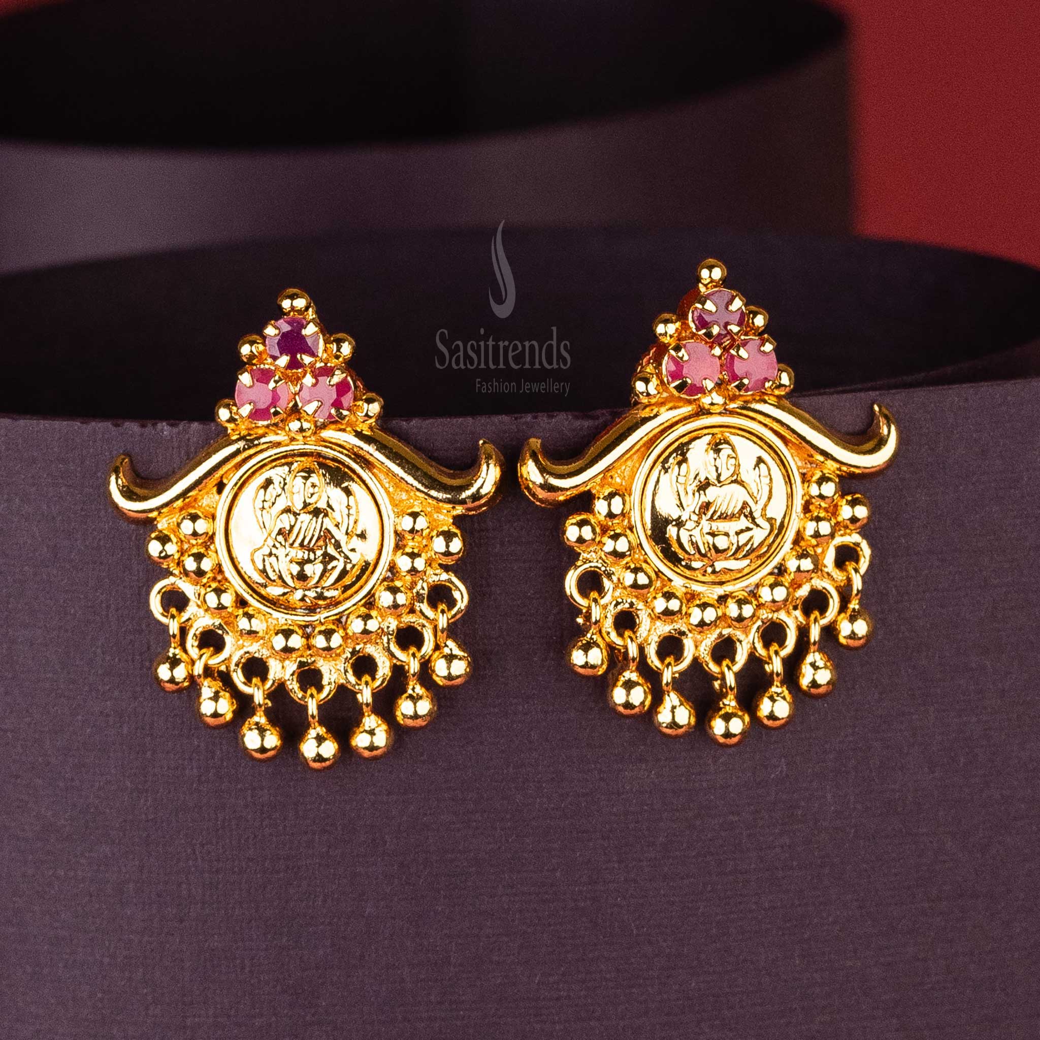 Traditional Lakshmi Motif Micro Gold Plated Kerala Style Earrings with Three AD Stones and Golden Balls - Sasitrends - Image 3