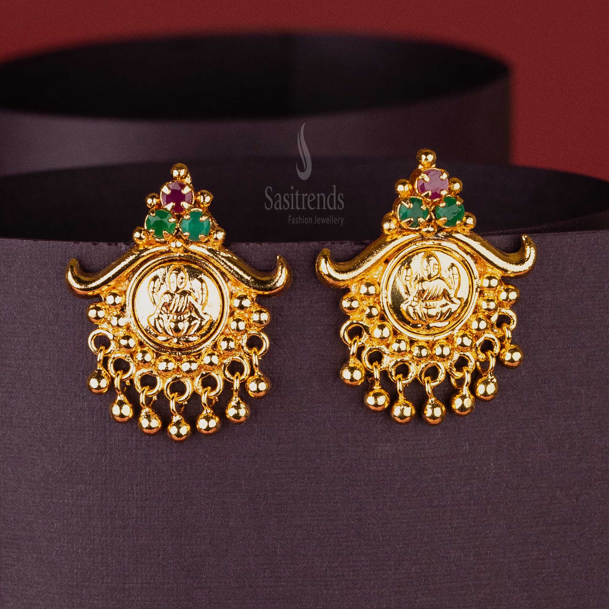 Traditional Lakshmi Motif Micro Gold Plated Kerala Style Earrings with Three AD Stones and Golden Balls - Sasitrends - Image 4