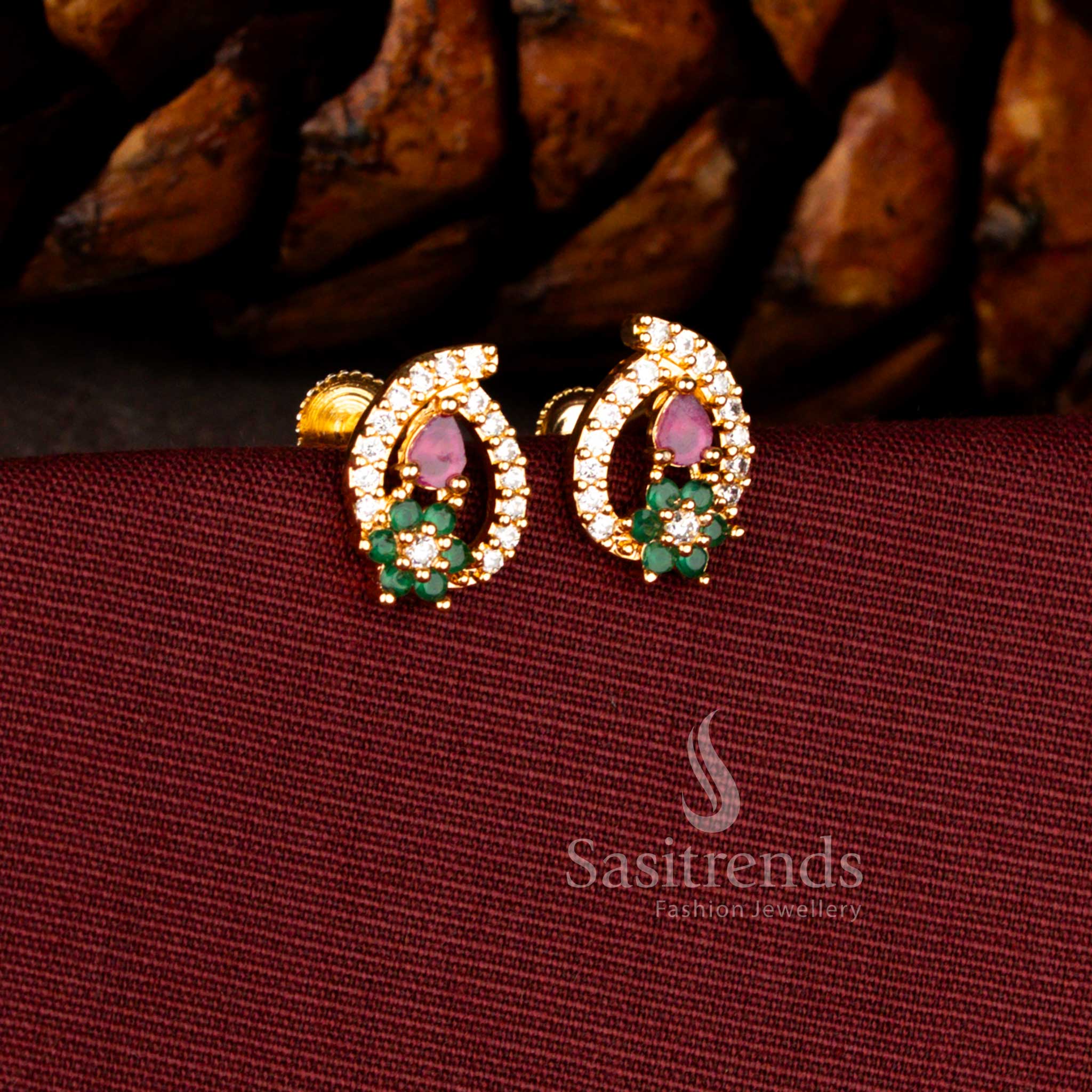 Delicate Micro Gold Plated American Diamond Floral Mango-Cut Tear-Drop Stud Earrings – Guaranteed |One Gram Jewellery