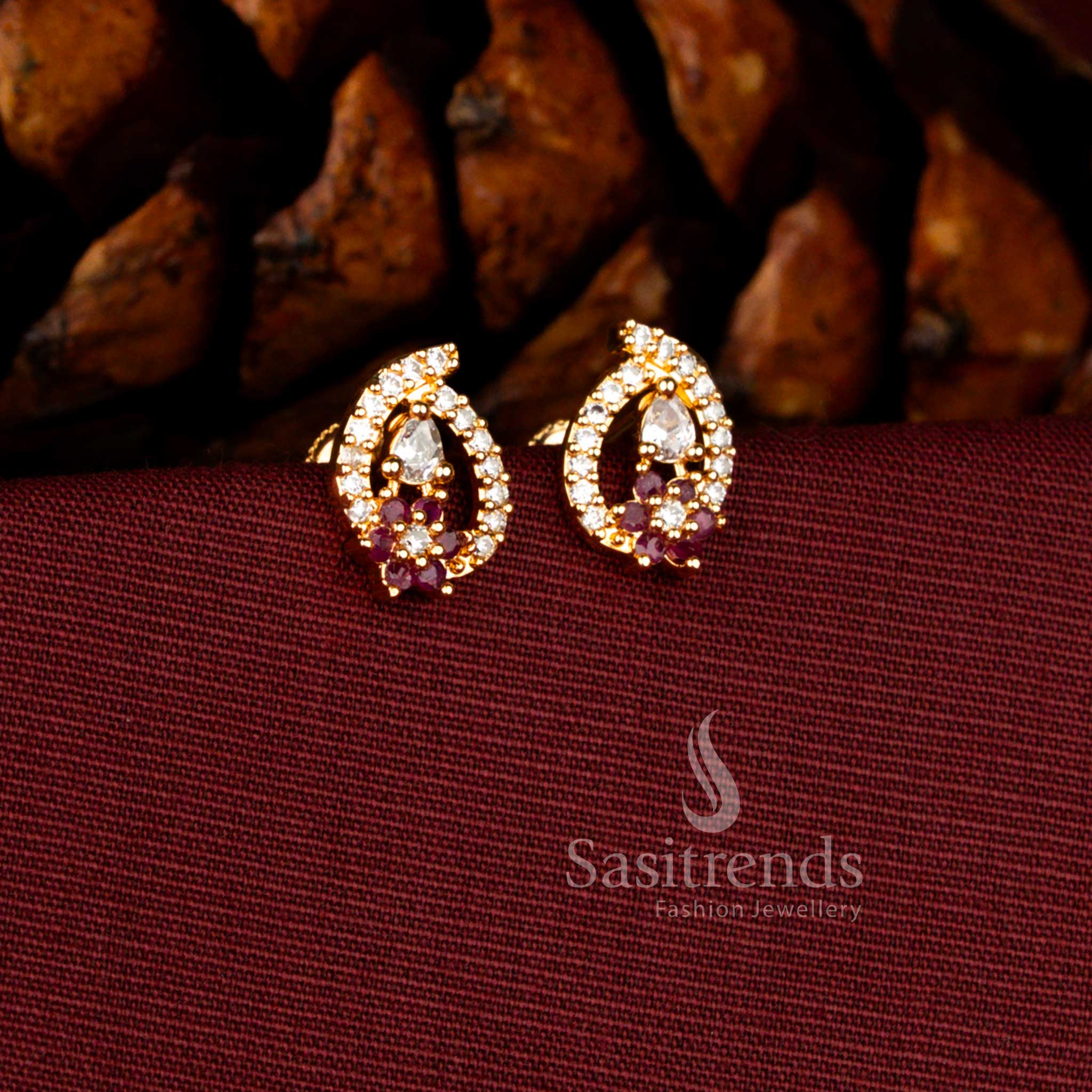 Delicate Micro Gold Plated American Diamond Floral Mango-Cut Tear-Drop Stud Earrings – Guaranteed |One Gram Jewellery - Image 3