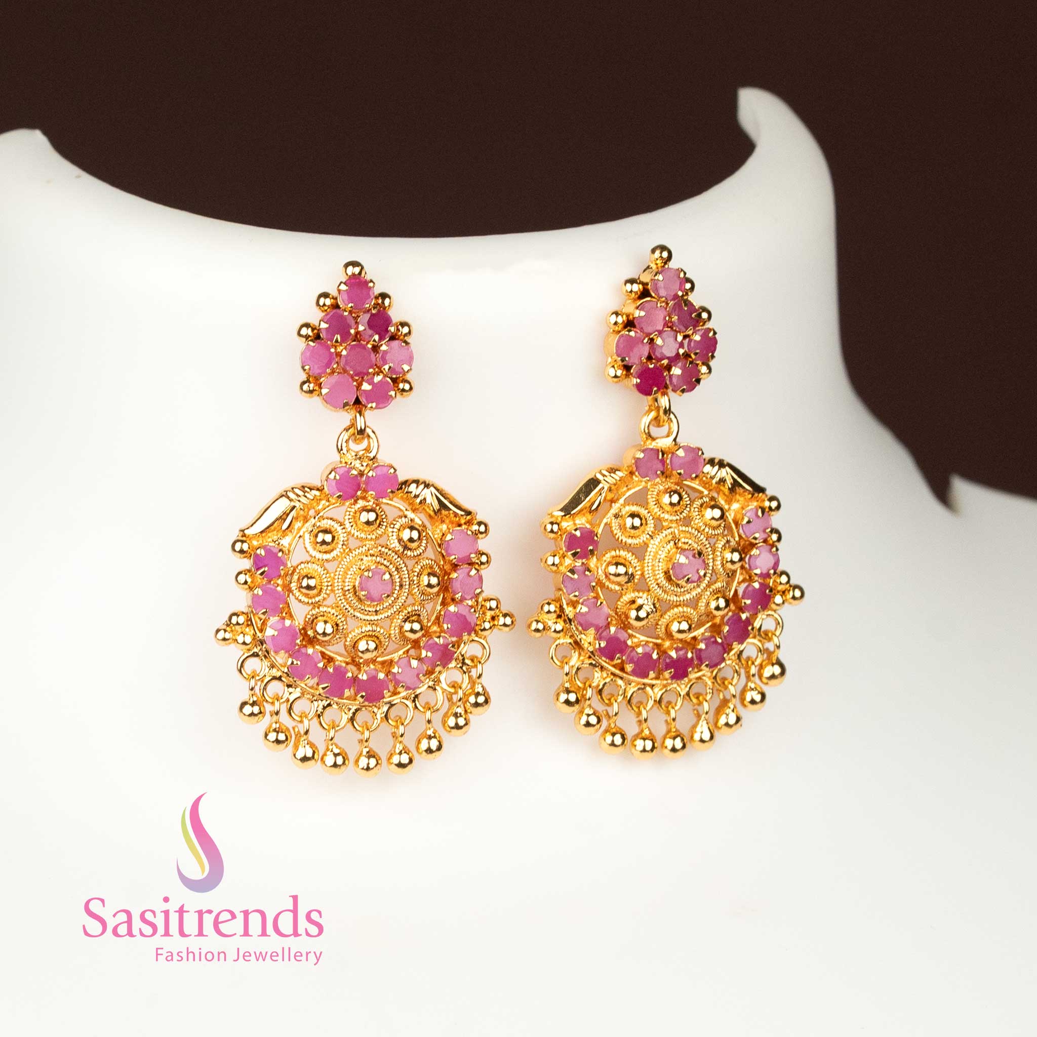 Traditional One Gram Micro Gold Plated Circular Pendant AD Stones Necklace Jewellery Set for Festive Wear- Guaranteed - Image 2