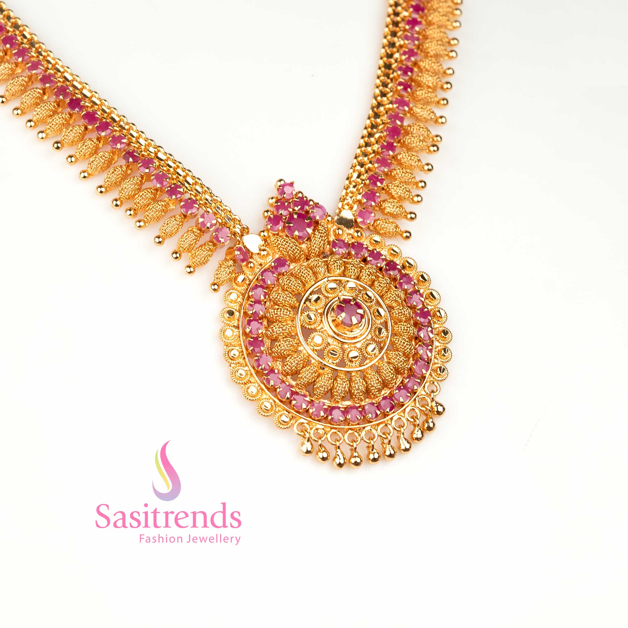Traditional One Gram Micro Gold Plated Circular Pendant AD Stones Necklace Jewellery Set for Festive Wear- Guaranteed - Image 3