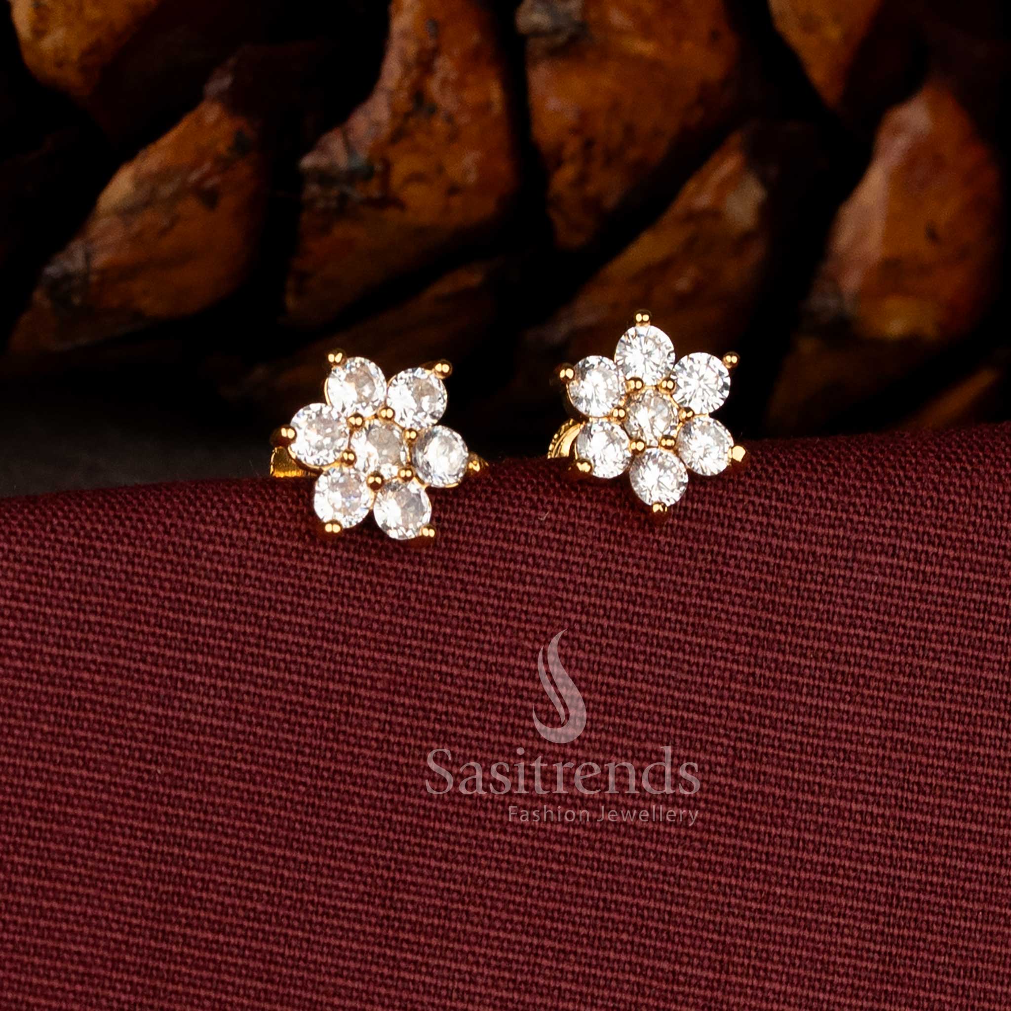 Guaranteed Micro Gold Plated American Diamond Floral Earrings – One Gram Jewellery with 24 Carat Gold Radiance