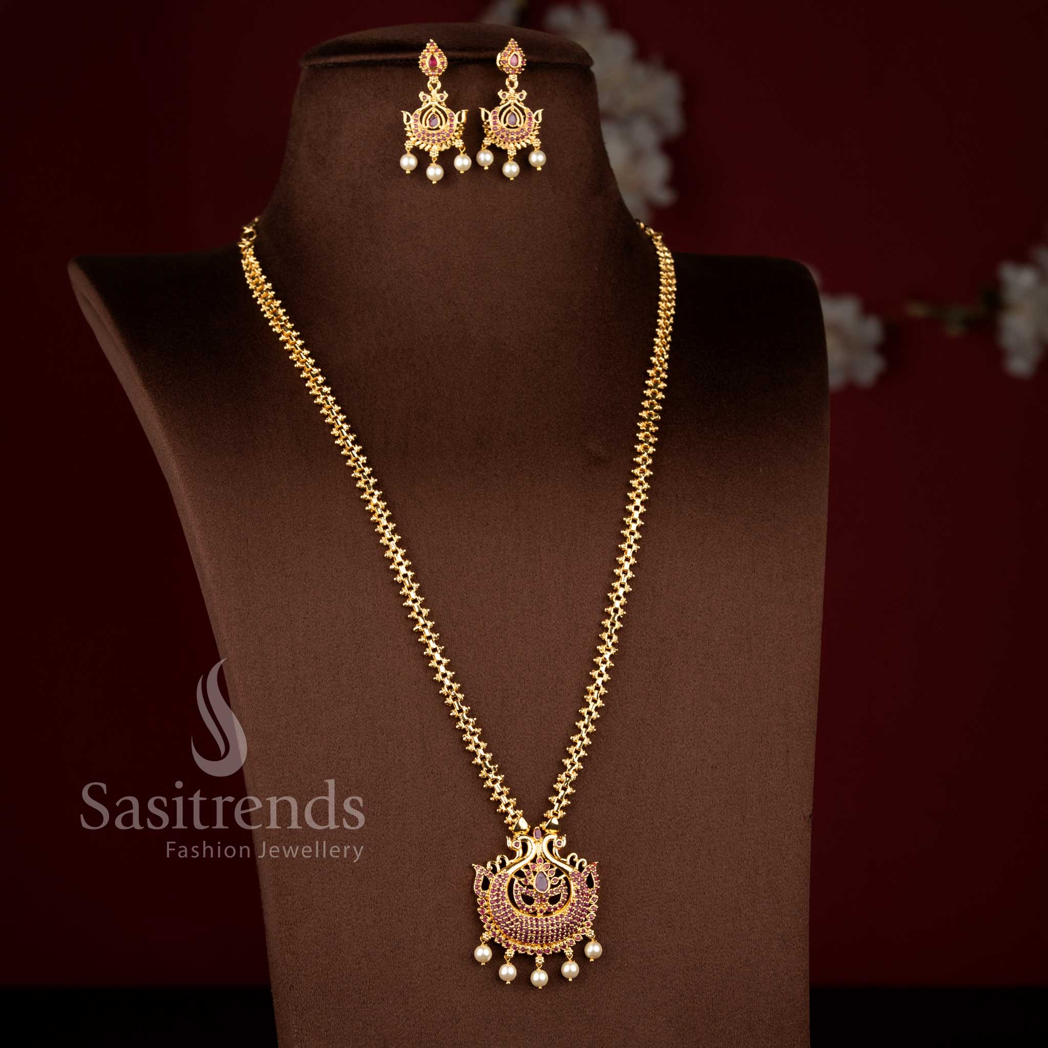 Elegant Micro Gold Plated 2-Side Gajiri Chain Floral Peacock Pendant Long Necklace Set with Matching Earrings – One Gram Jewellery | Guaranteed - Image 3