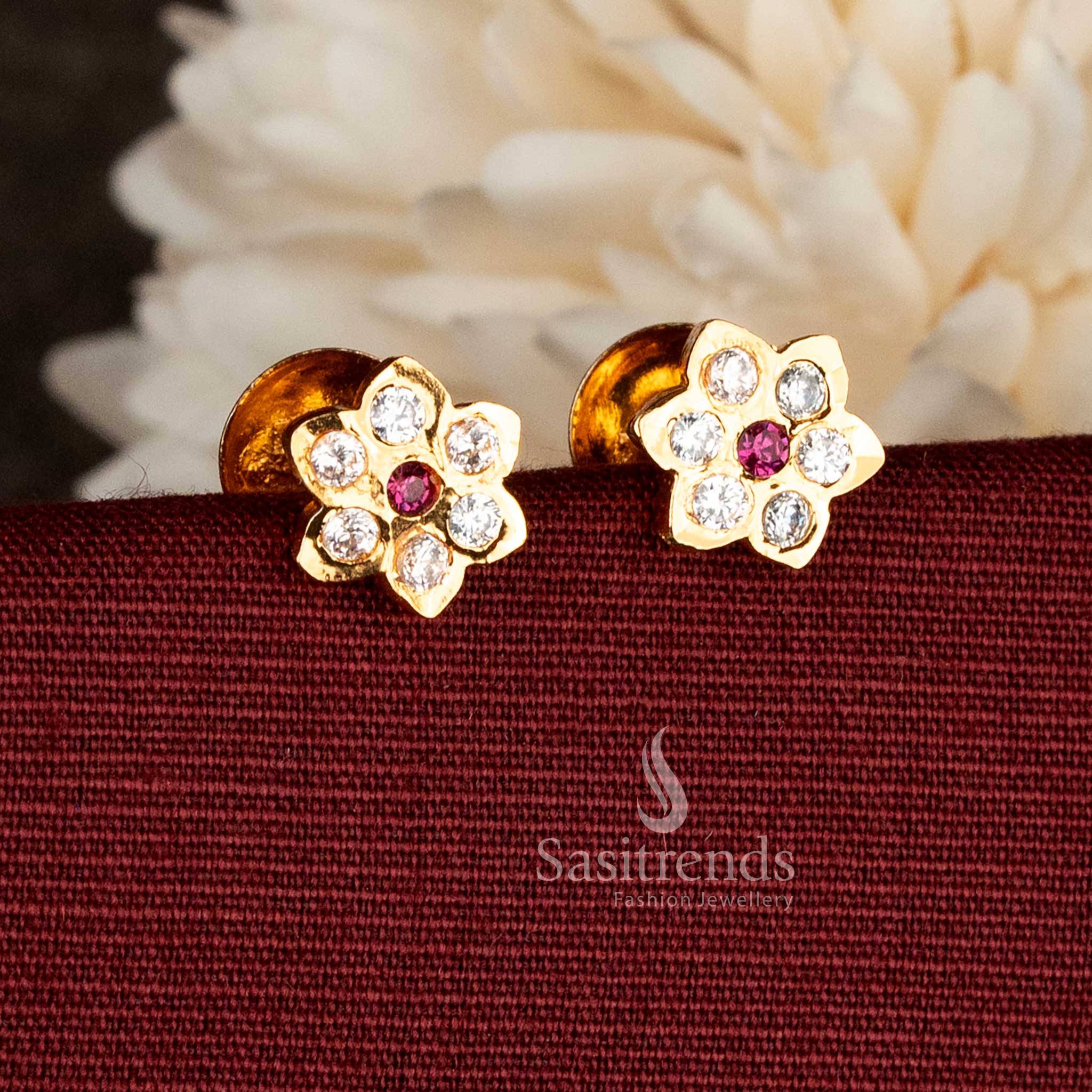 Guaranteed Impon Micro Gold Plated 7 Stone Floral Screw-Type Stud Earrings with AD for Casual Styling - Image 3