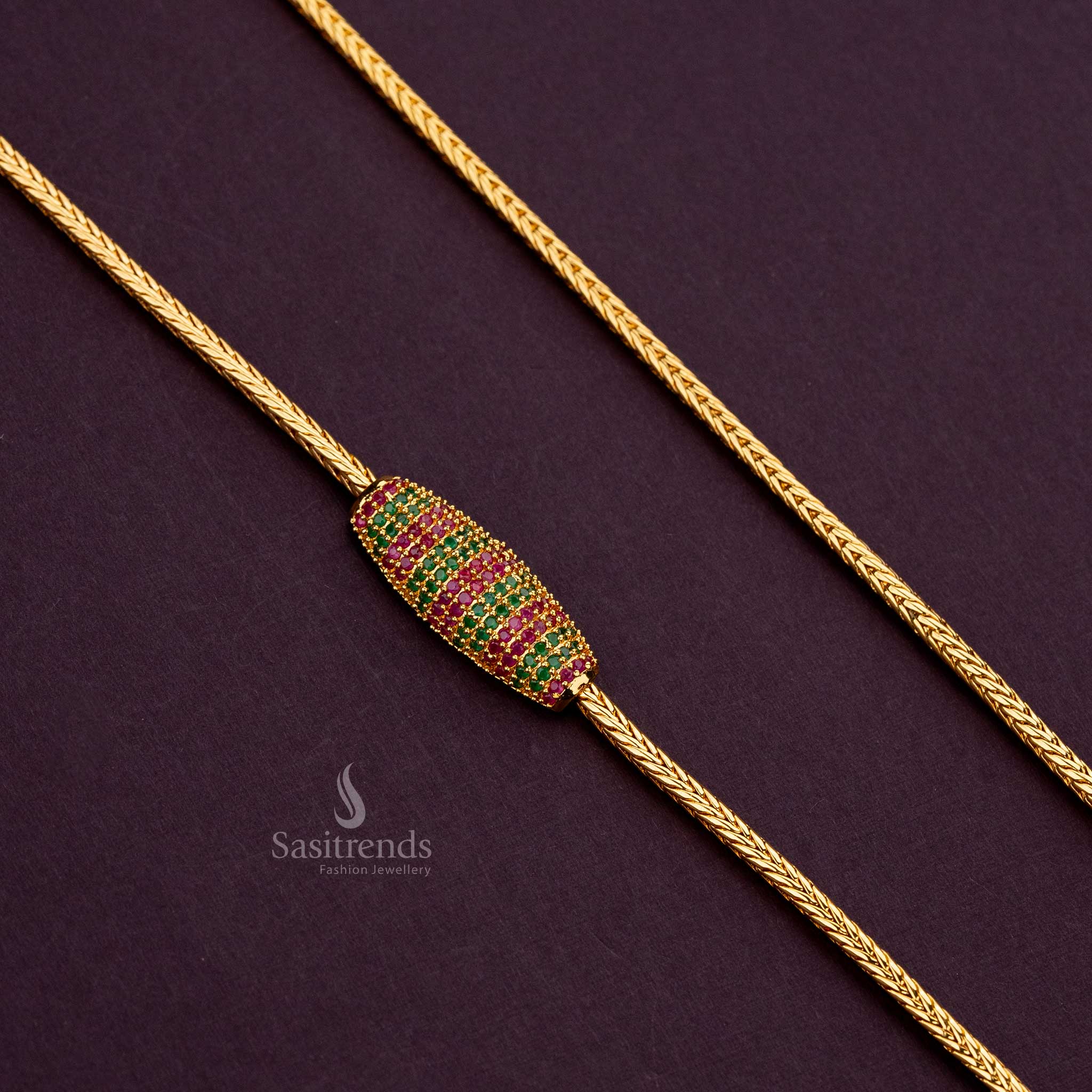 Traditional One Gram Micro Gold Plated Striped Oval Mugappu AD Stone Chain - Sasitrends - Image 8