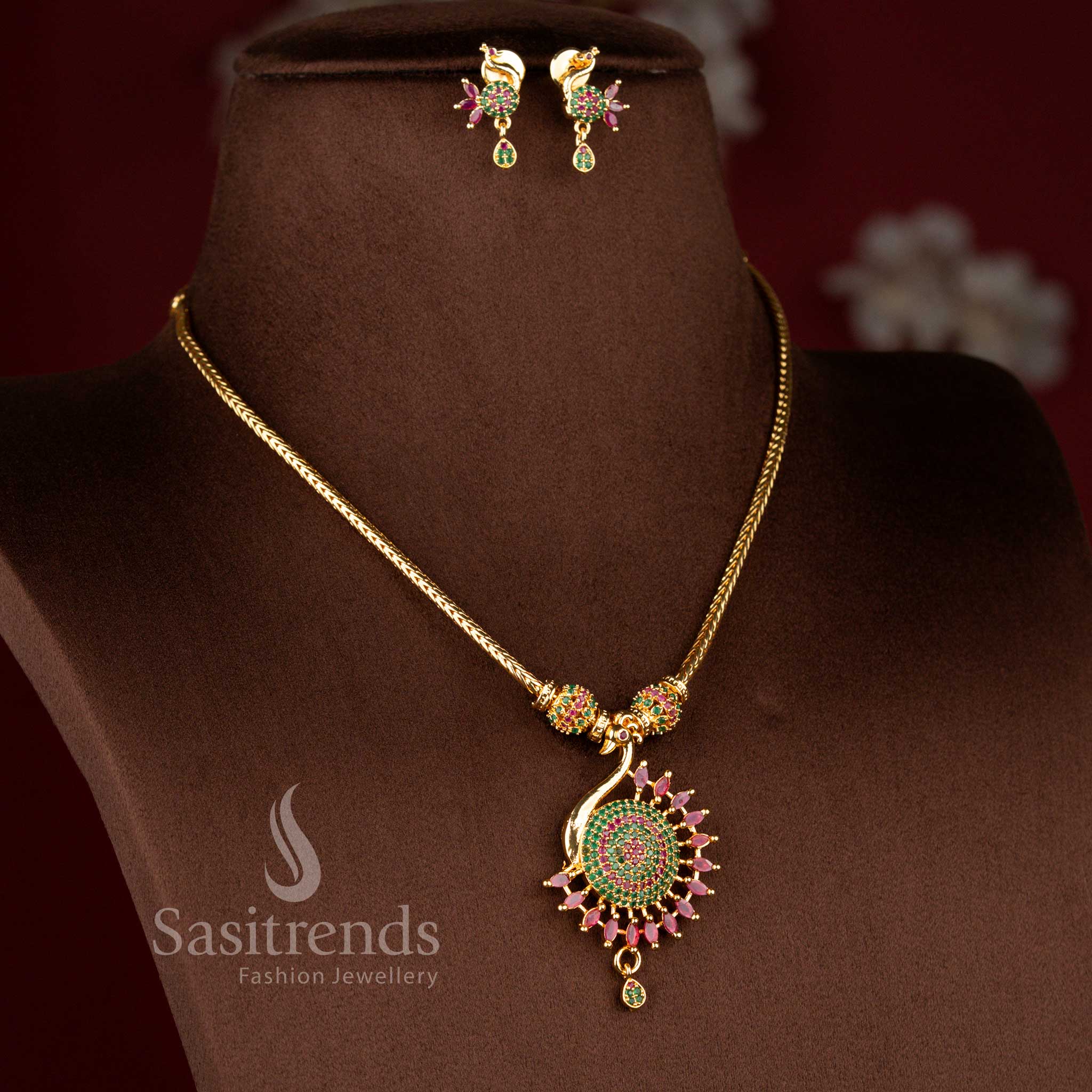 Guaranteed Micro Gold Plated Peacock Pendant Necklace Set with Sparkling American Diamonds – One Gram Jewellery - Image 10