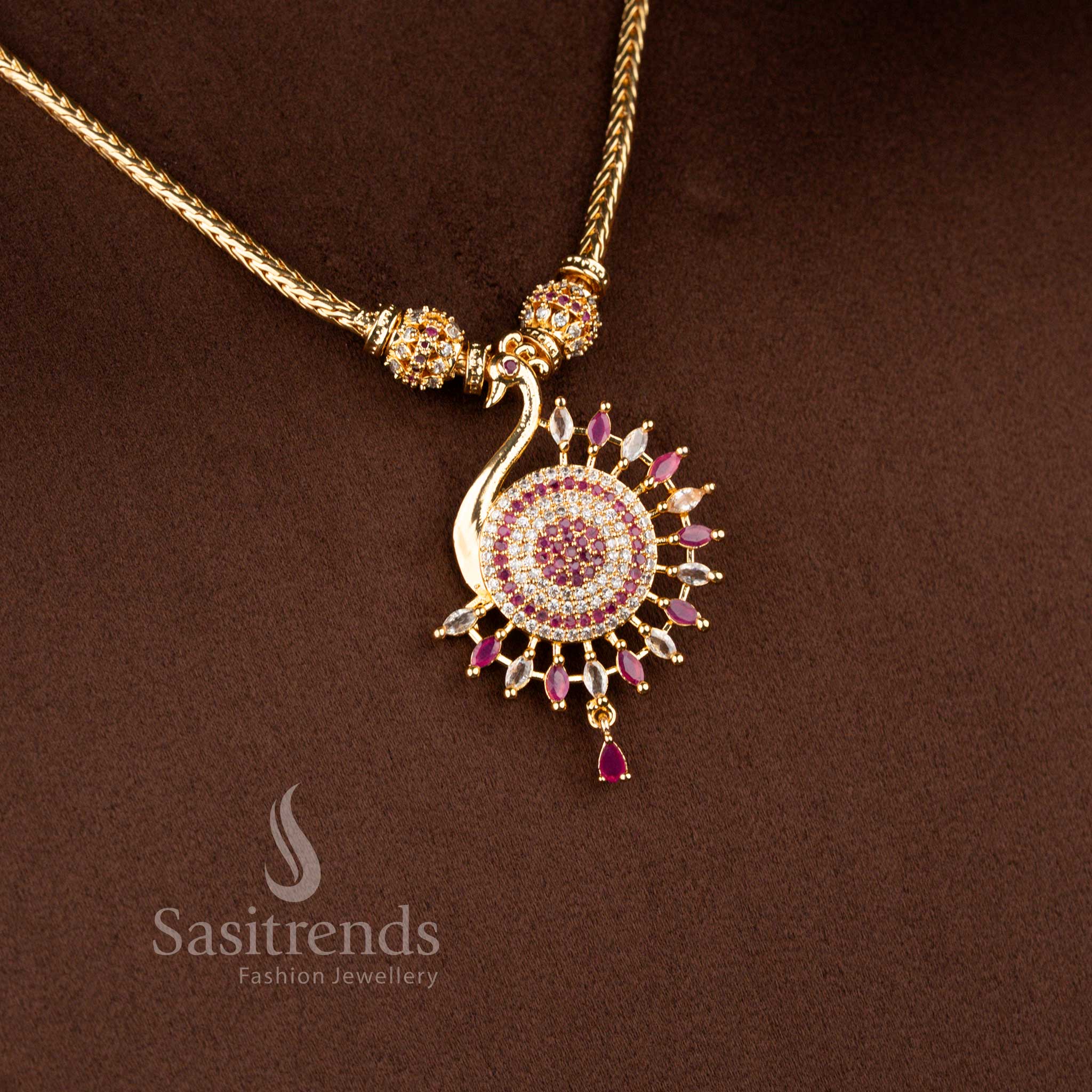 Guaranteed Micro Gold Plated Peacock Pendant Necklace Set with Sparkling American Diamonds – One Gram Jewellery - Image 12