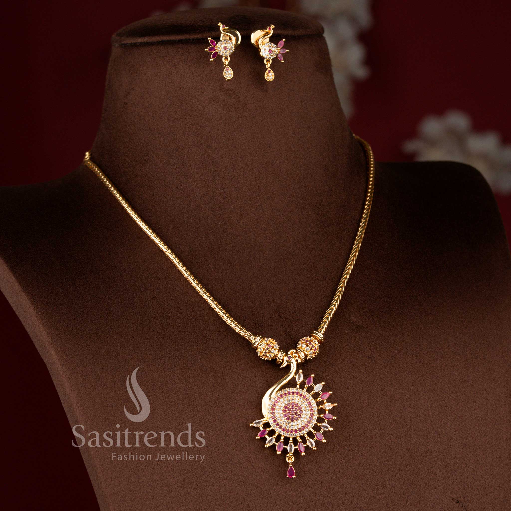 Guaranteed Micro Gold Plated Peacock Pendant Necklace Set with Sparkling American Diamonds – One Gram Jewellery - Image 13