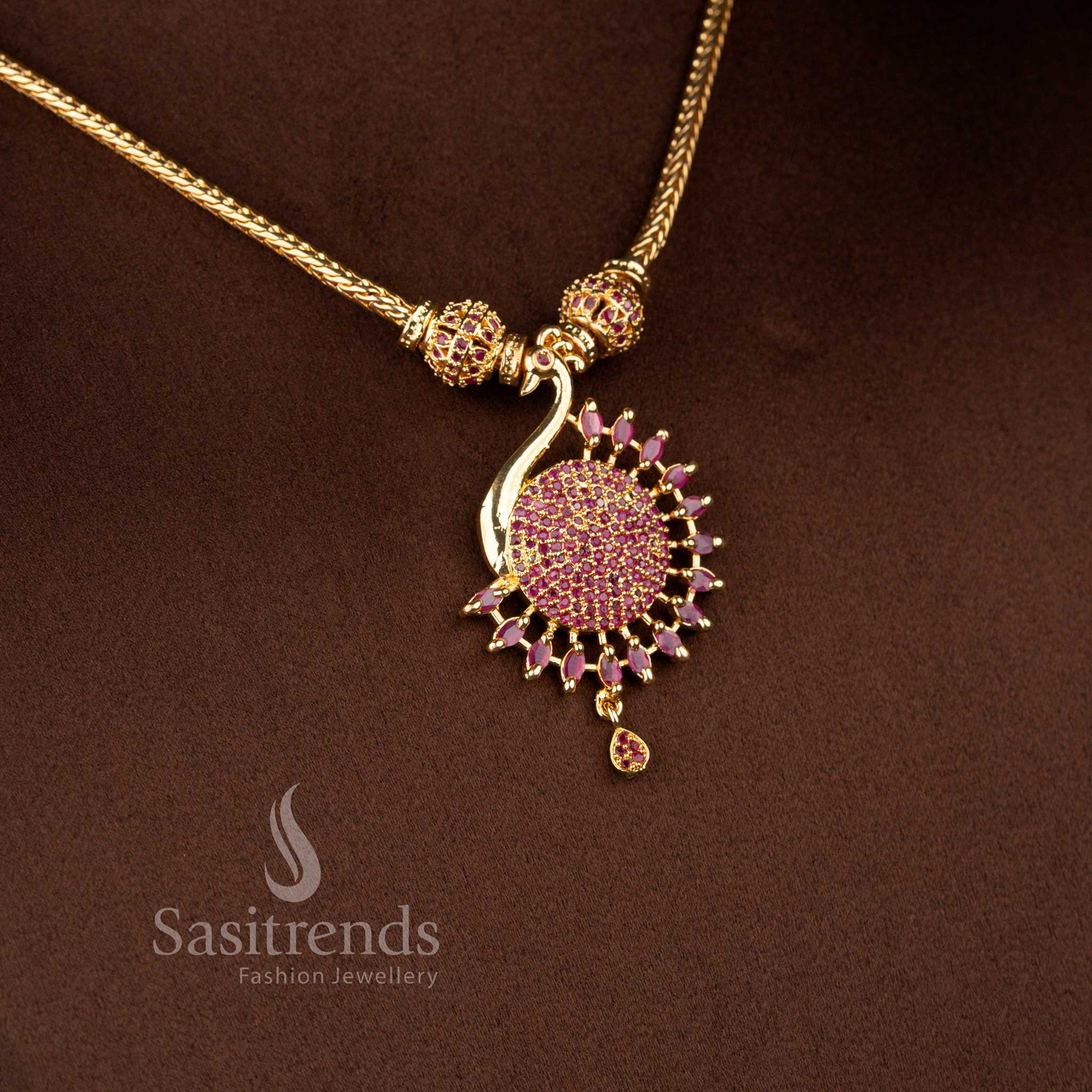 Guaranteed Micro Gold Plated Peacock Pendant Necklace Set with Sparkling American Diamonds – One Gram Jewellery - Image 15