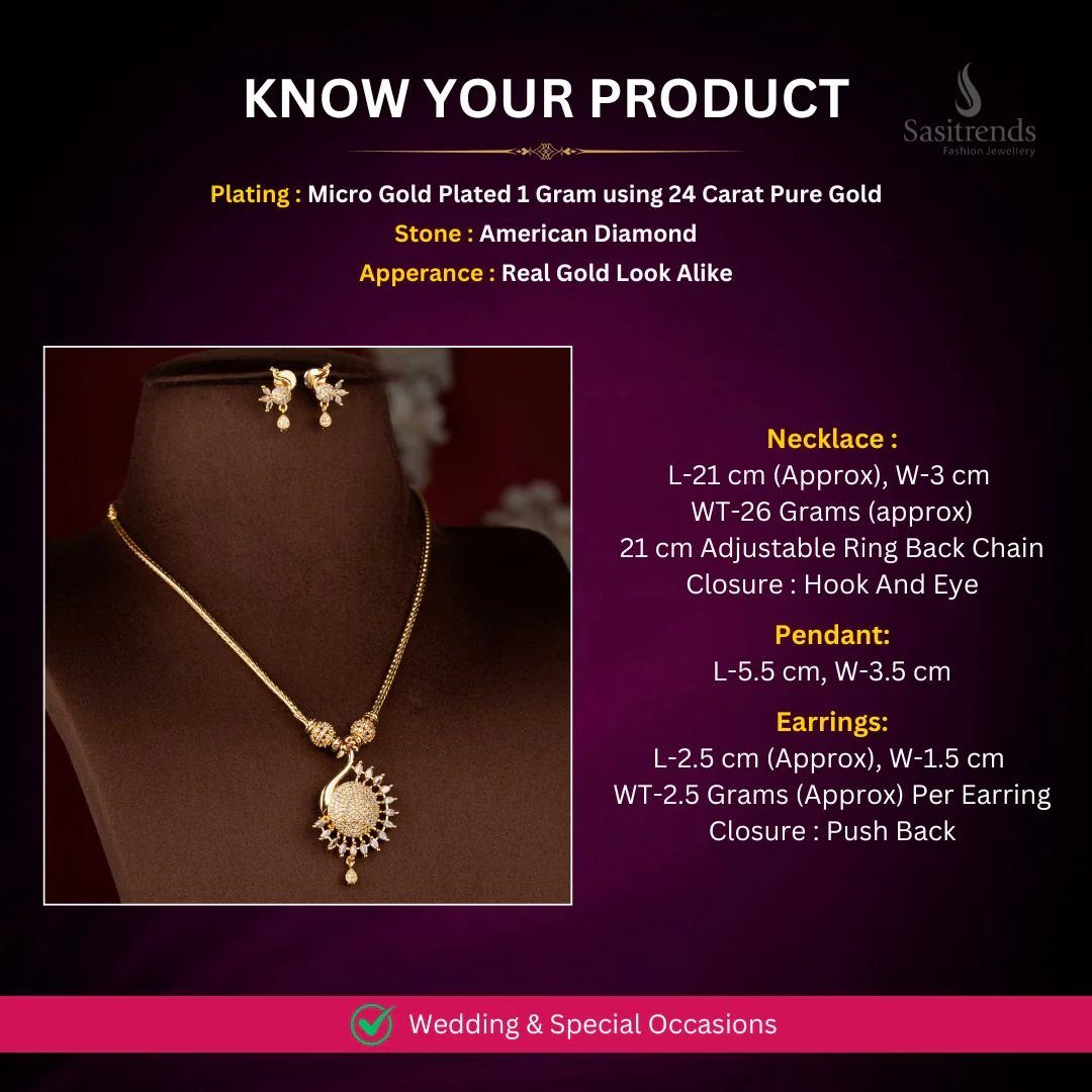 Guaranteed Micro Gold Plated Peacock Pendant Necklace Set with Sparkling American Diamonds – One Gram Jewellery - Image 2