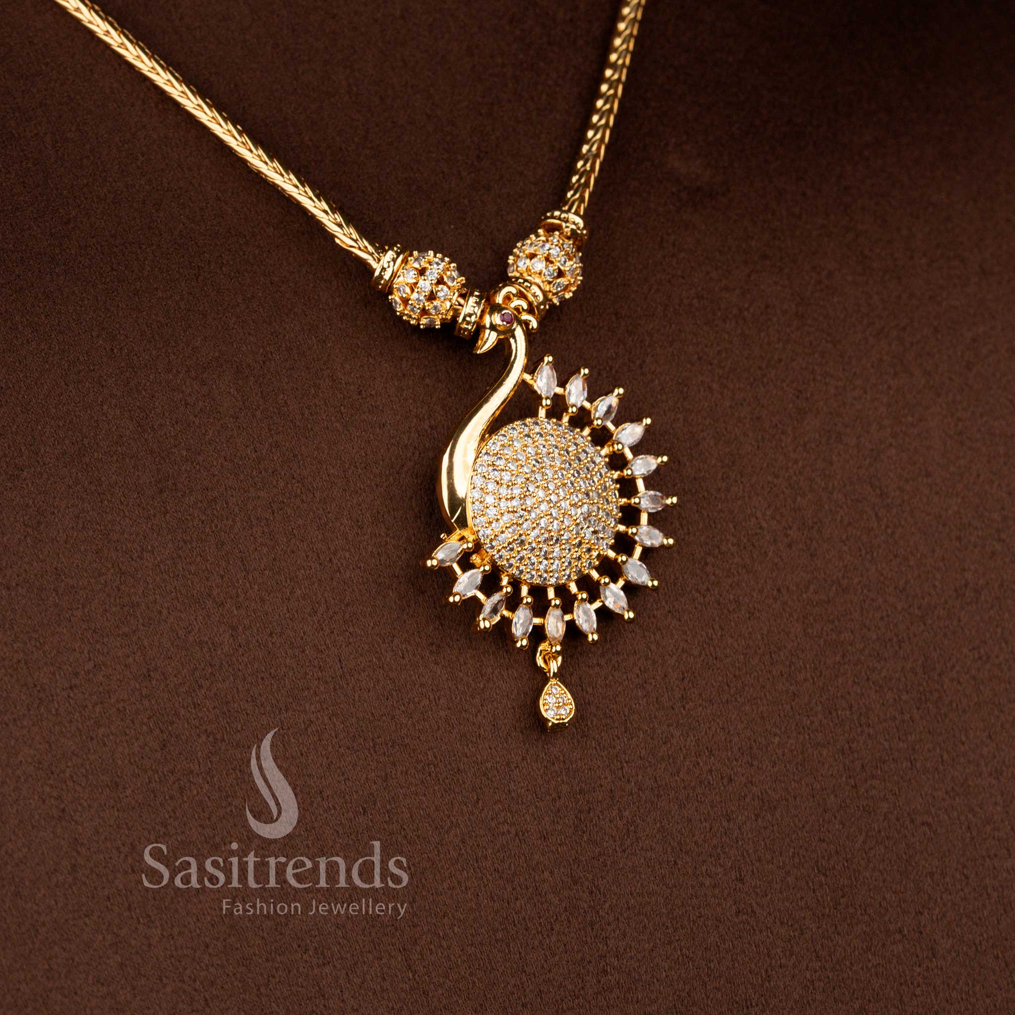 Guaranteed Micro Gold Plated Peacock Pendant Necklace Set with Sparkling American Diamonds – One Gram Jewellery - Image 3