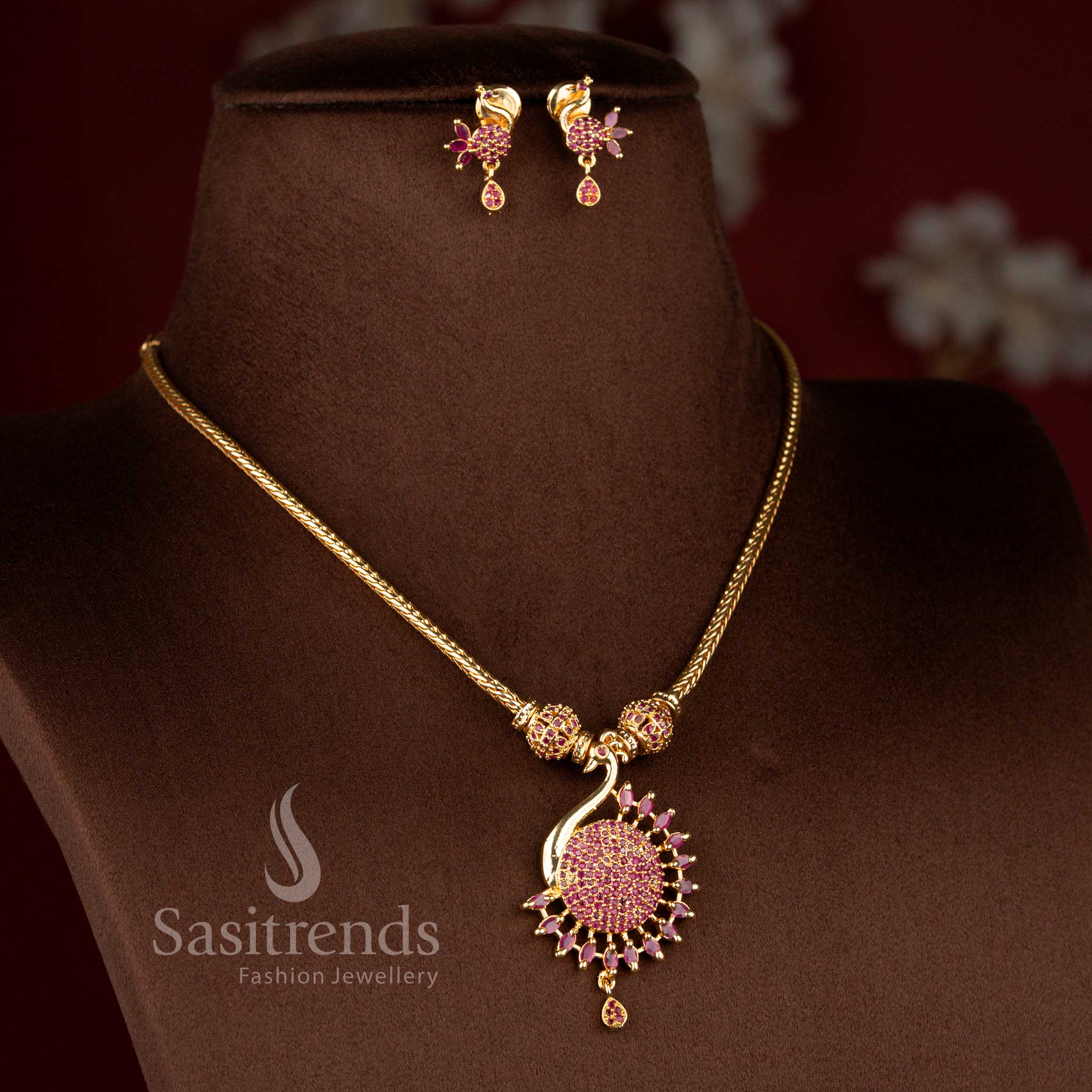Guaranteed Micro Gold Plated Peacock Pendant Necklace Set with Sparkling American Diamonds – One Gram Jewellery - Image 5