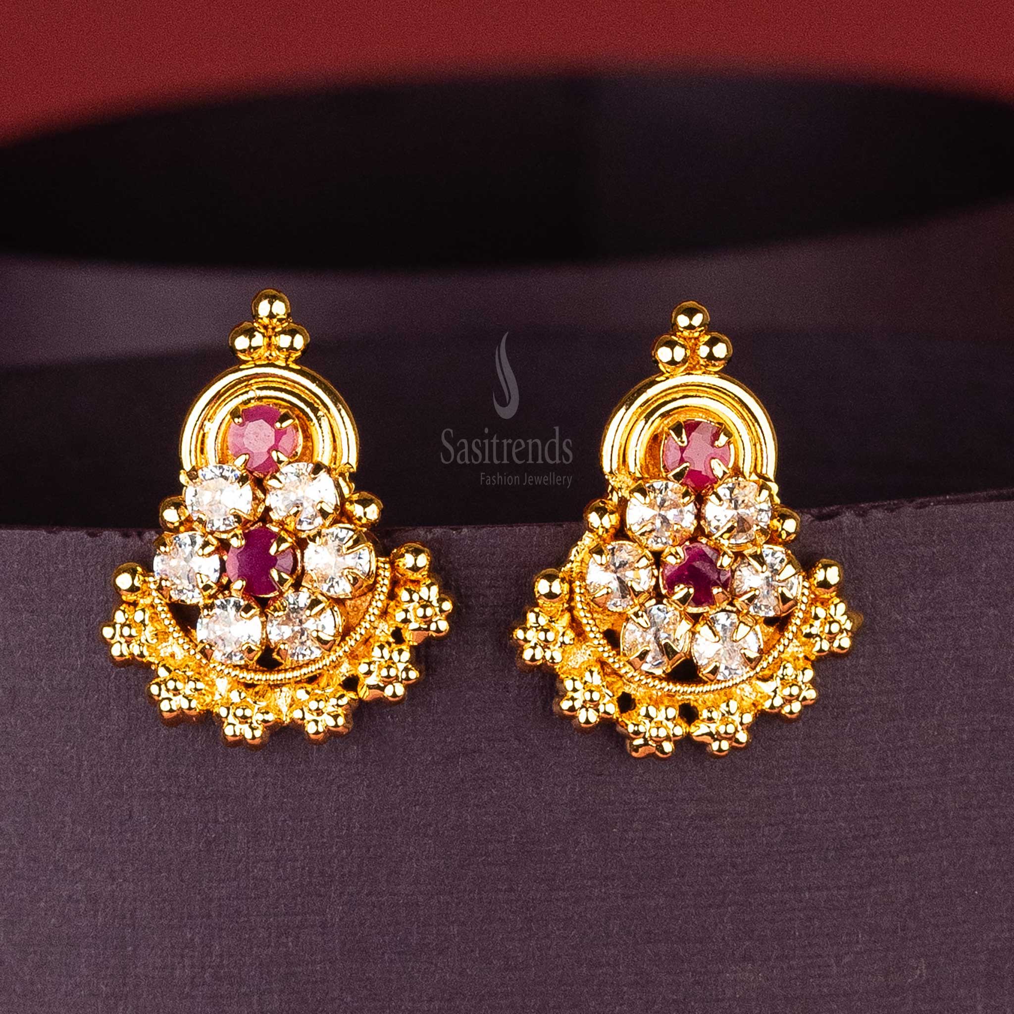 Sasitrends - Stunning Floral Designer Micro Gold-Plated AD Stone Studded Stud Earrings - Image 7