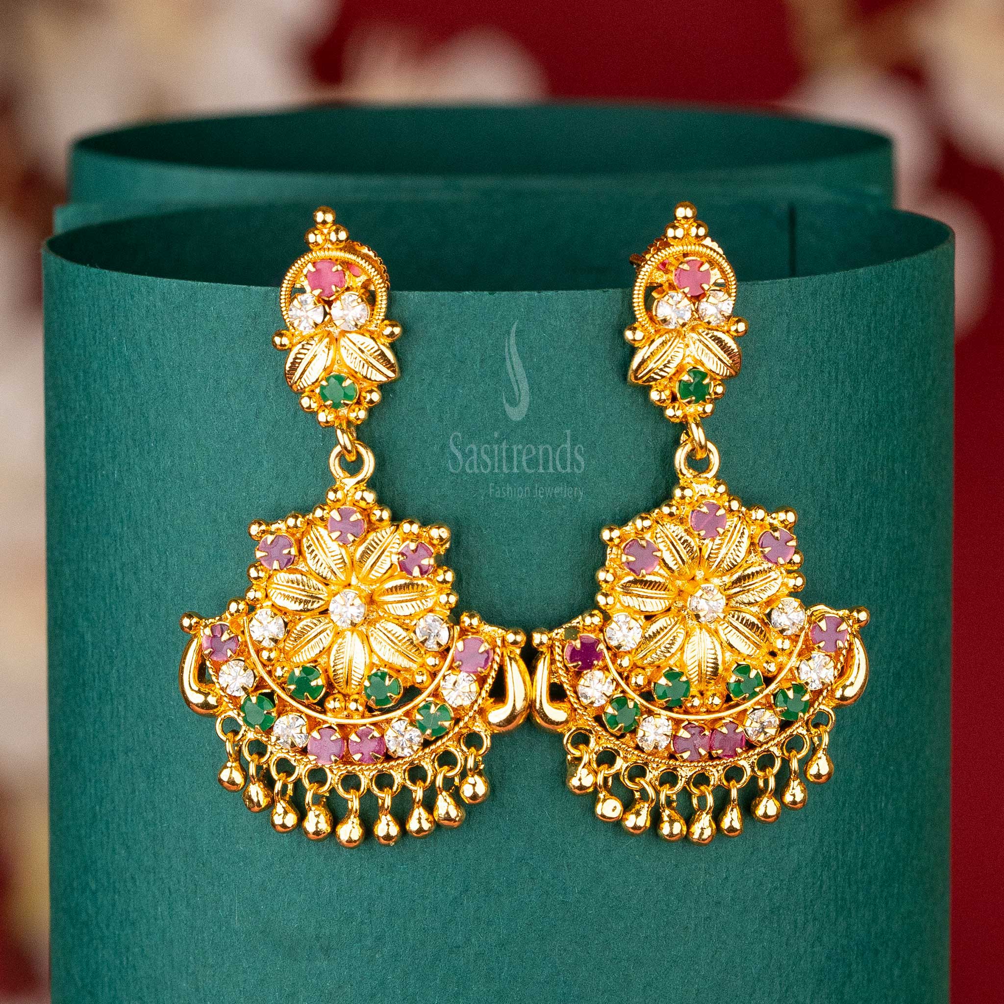 Traditional One Gram Micro Gold-Plated AD Stone Studded Floral Earrings | Sasitrends - Image 2