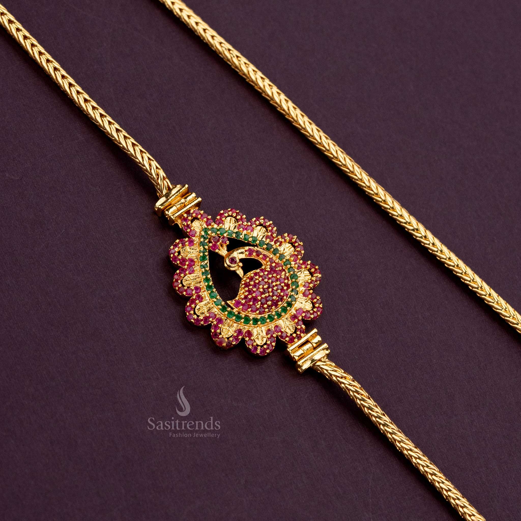 Traditional Wear One Gram Micro Gold Plated AD Stone Studded Peacock Mugappu Chain - Sasitrends - Image 2