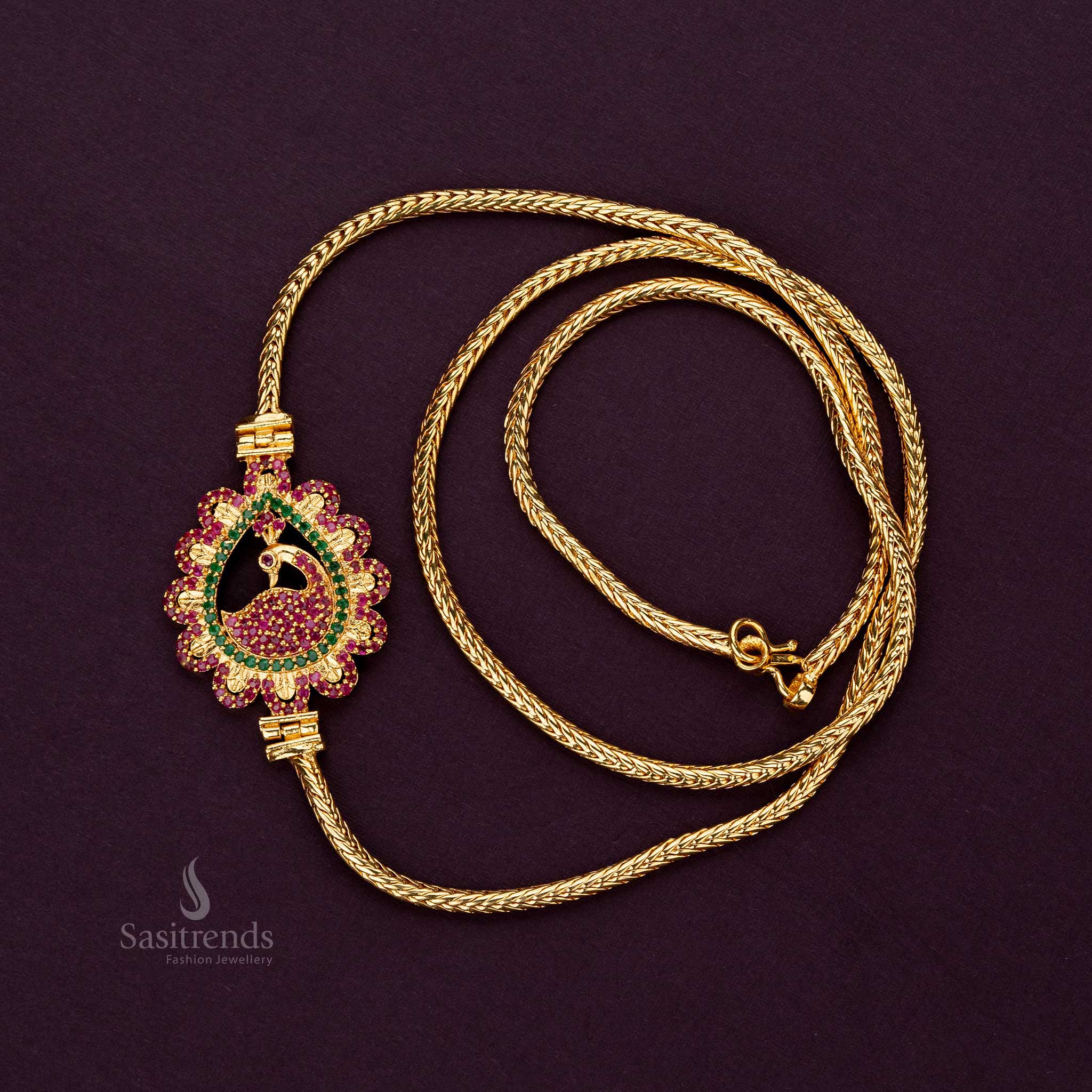 Traditional Wear One Gram Micro Gold Plated AD Stone Studded Peacock Mugappu Chain - Sasitrends - Image 4