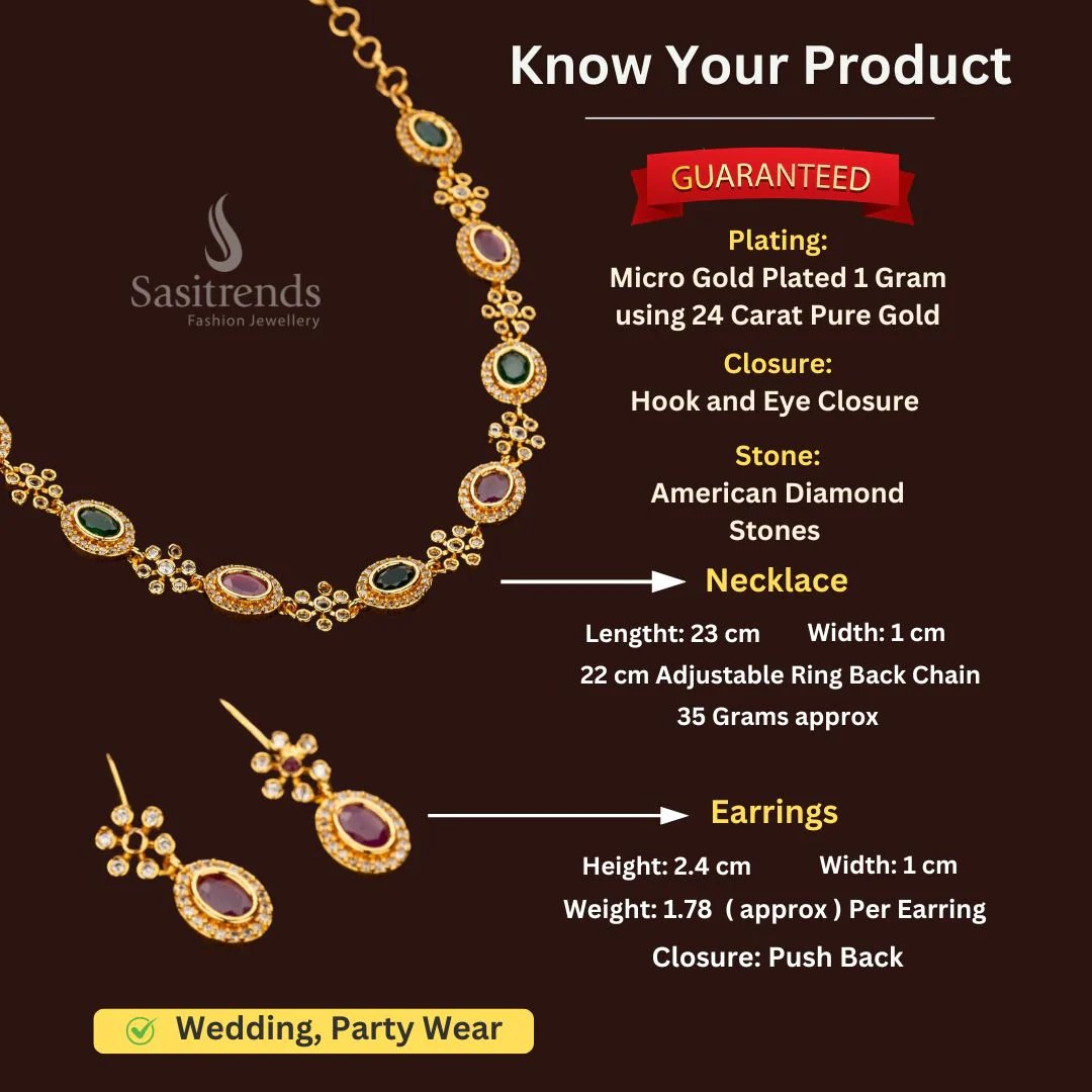 Guaranteed One Gram Micro Gold Plated American Diamond Floral Motif Necklace Jewellery Set - Sasitrends - Image 2