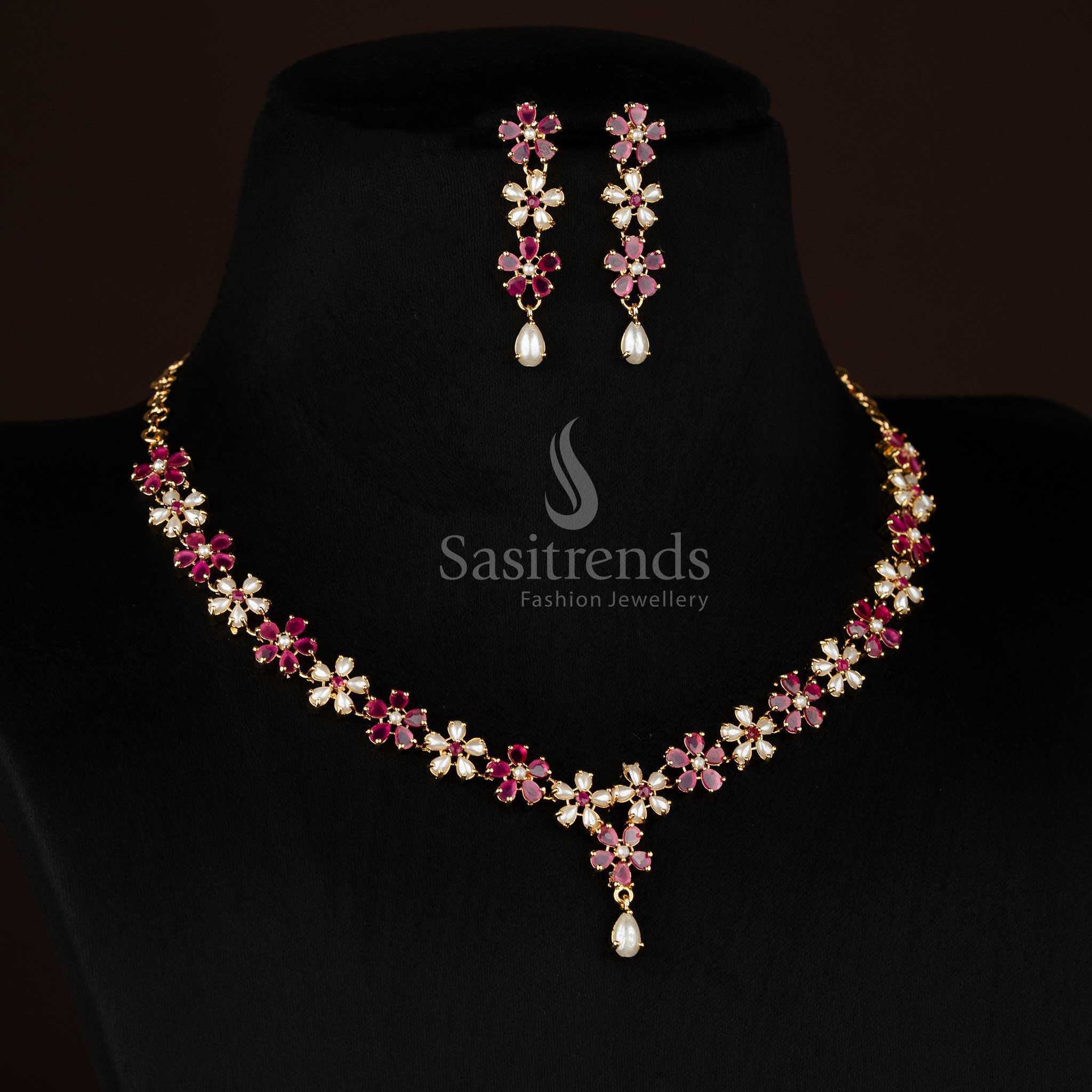 Captivating 24K Micro Gold Plated Floral American diamond Necklace Jewellery Set with Pearl Drops For Grand Occassions - Image 3