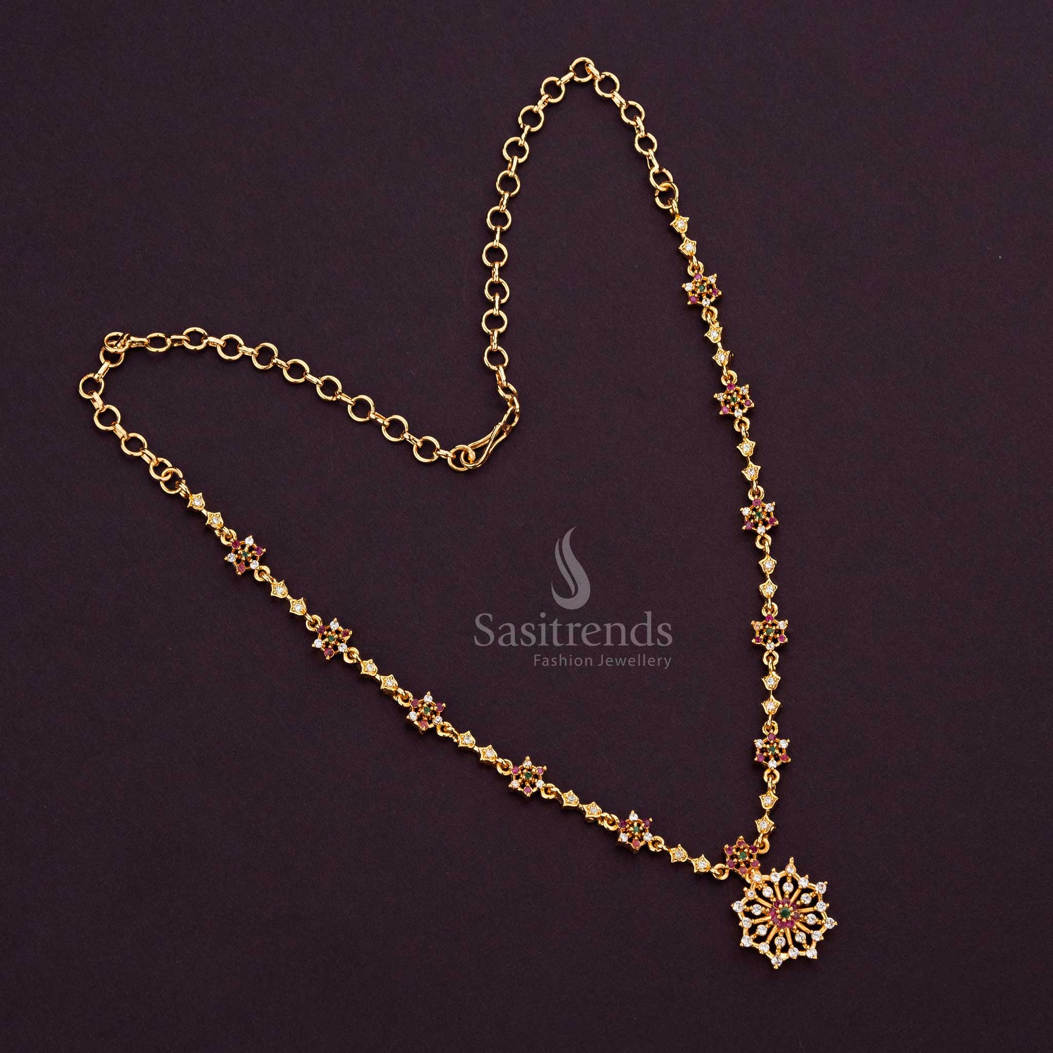 One Gram Micro Gold Plated American Diamond Flower Designer Necklace Jewellery Set - Sasitrends - Image 4