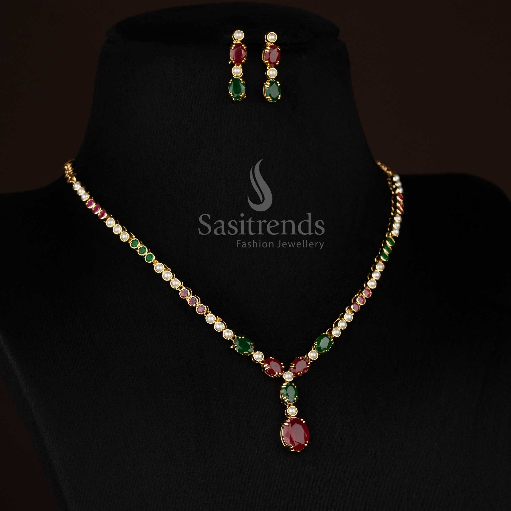 Guaranteed Micro Gold Plated American Diamond Round Pearl and Oval stone Drop Necklace Jewellery Set | Party wear