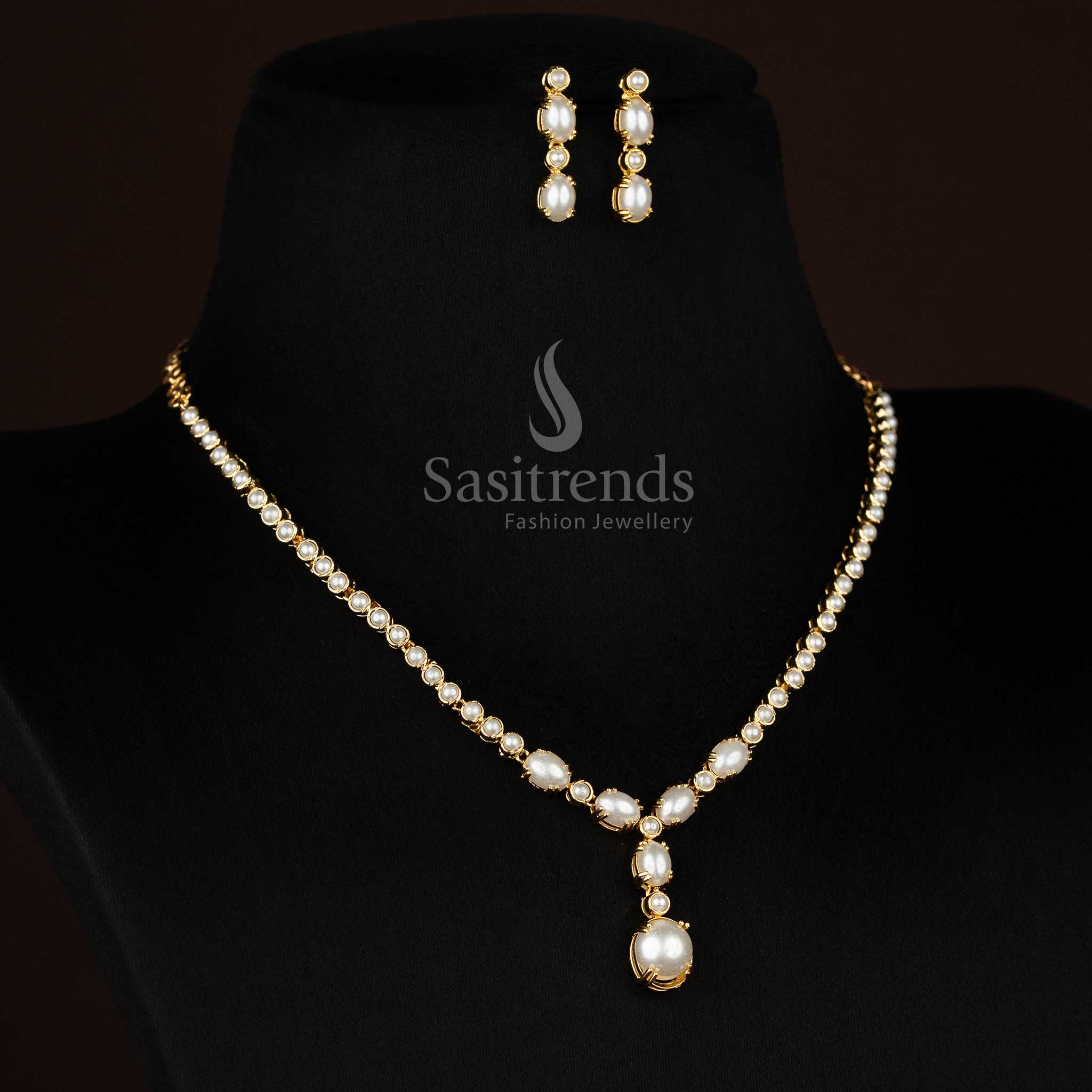 Guaranteed Micro Gold Plated American Diamond Round Pearl and Oval stone Drop Necklace Jewellery Set | Party wear - Image 2