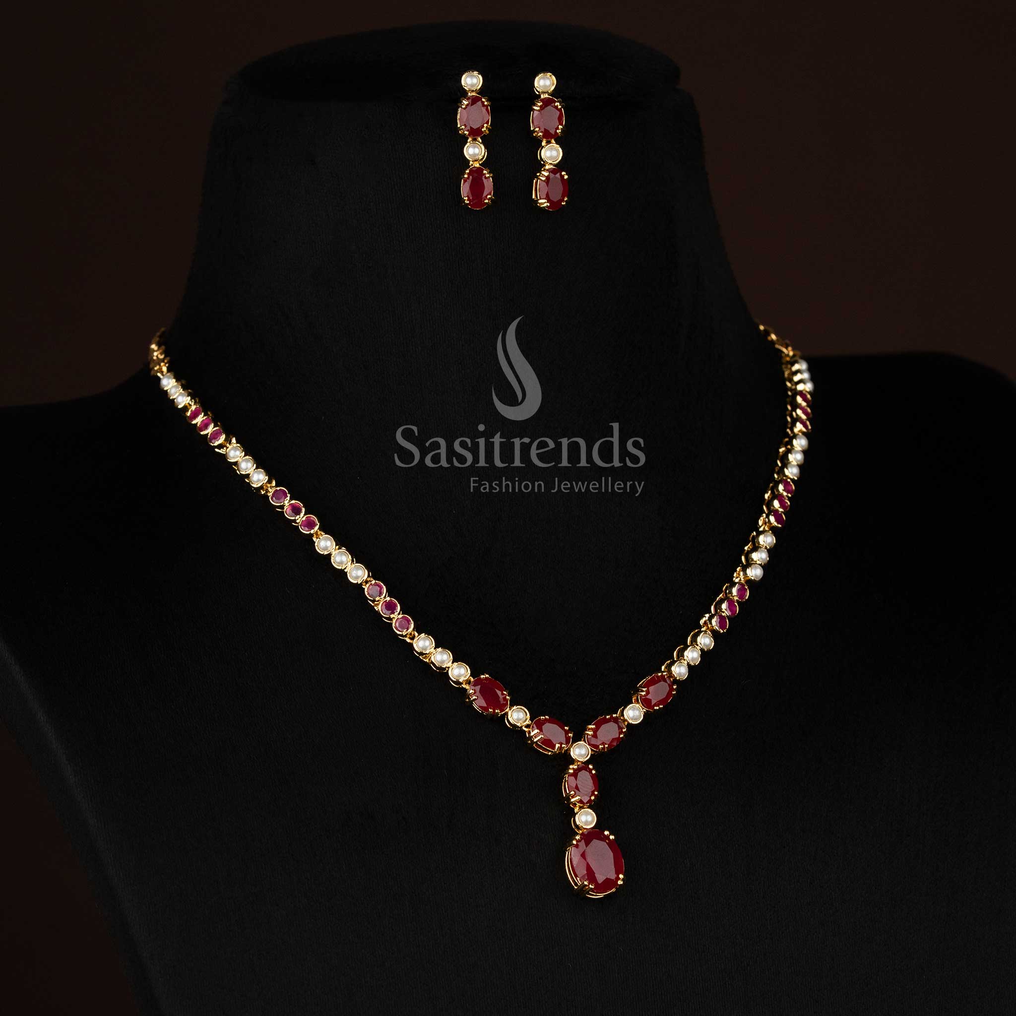 Guaranteed Micro Gold Plated American Diamond Round Pearl and Oval stone Drop Necklace Jewellery Set | Party wear - Image 3