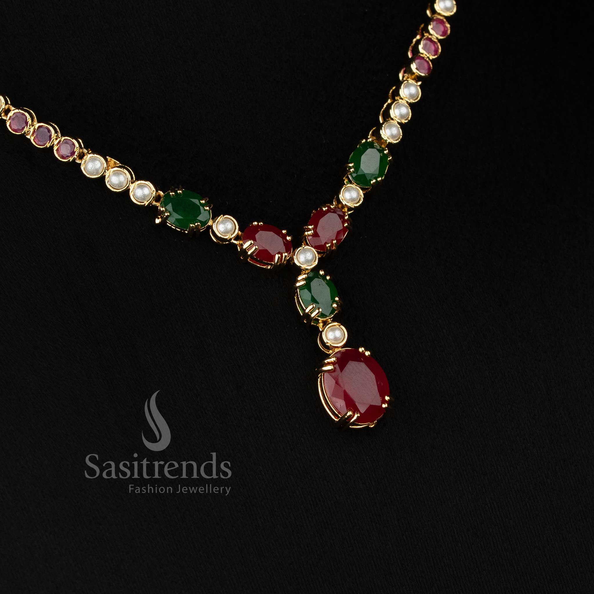 Guaranteed Micro Gold Plated American Diamond Round Pearl and Oval stone Drop Necklace Jewellery Set | Party wear - Image 4