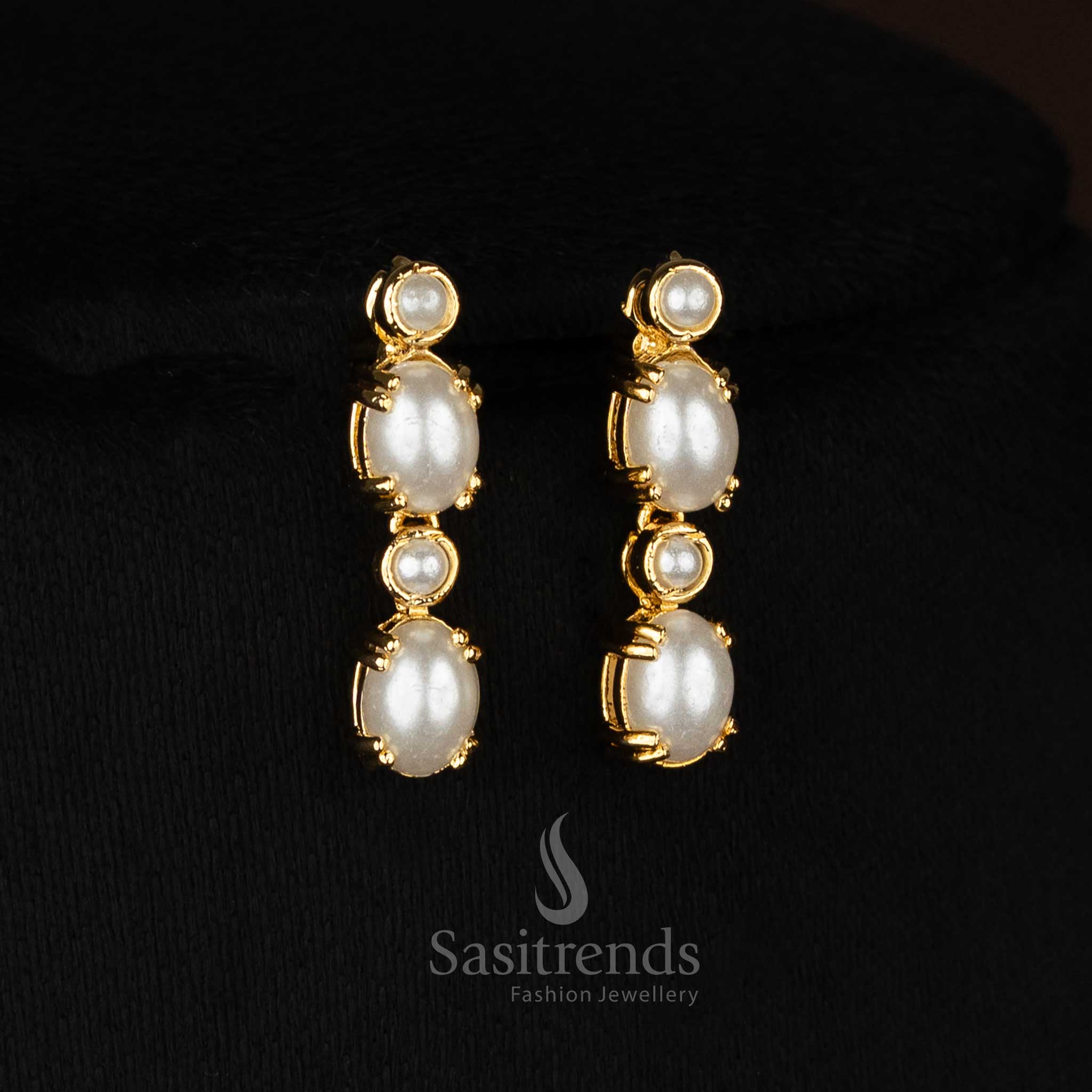Guaranteed Micro Gold Plated American Diamond Round Pearl and Oval stone Drop Necklace Jewellery Set | Party wear - Image 5