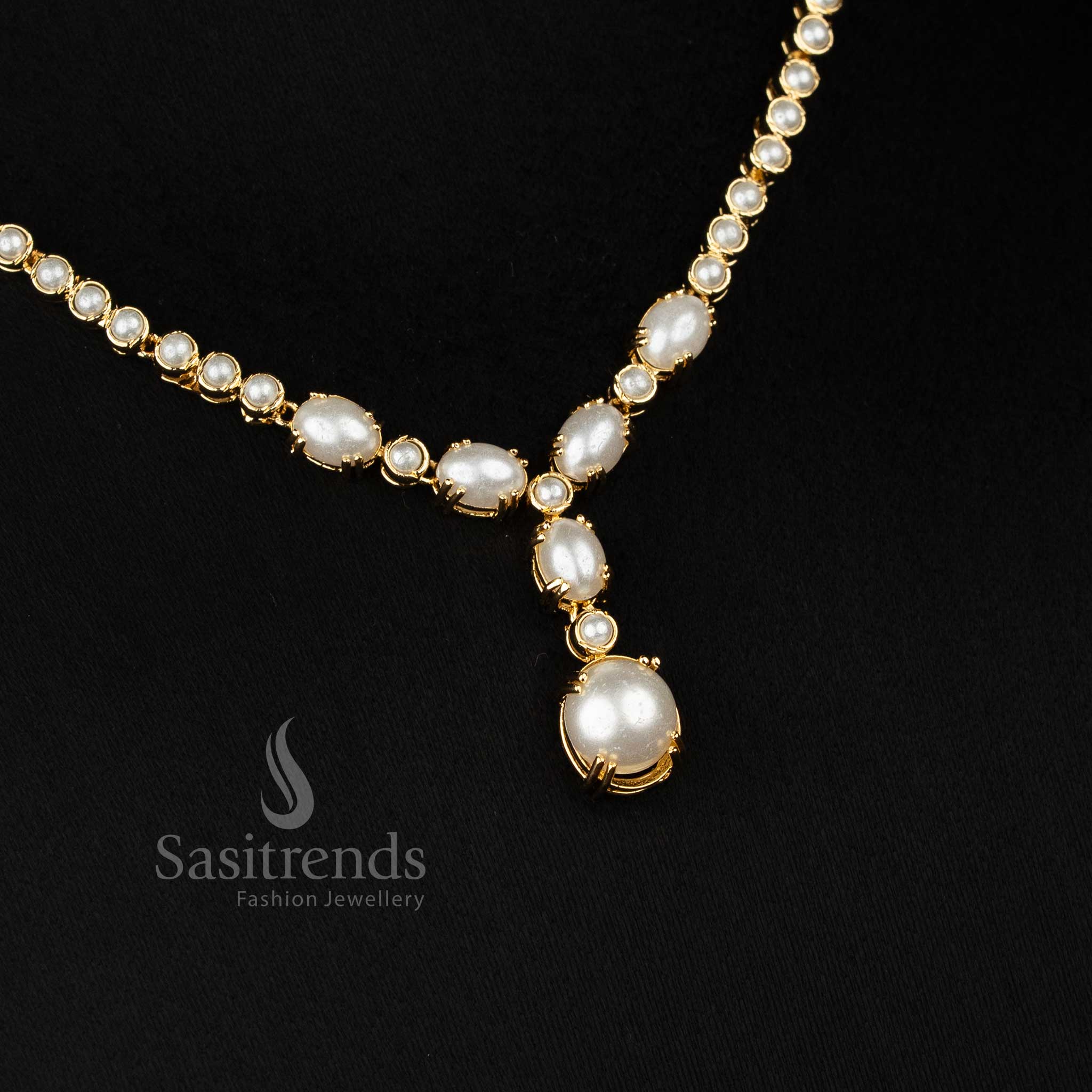 Guaranteed Micro Gold Plated American Diamond Round Pearl and Oval stone Drop Necklace Jewellery Set | Party wear - Image 6