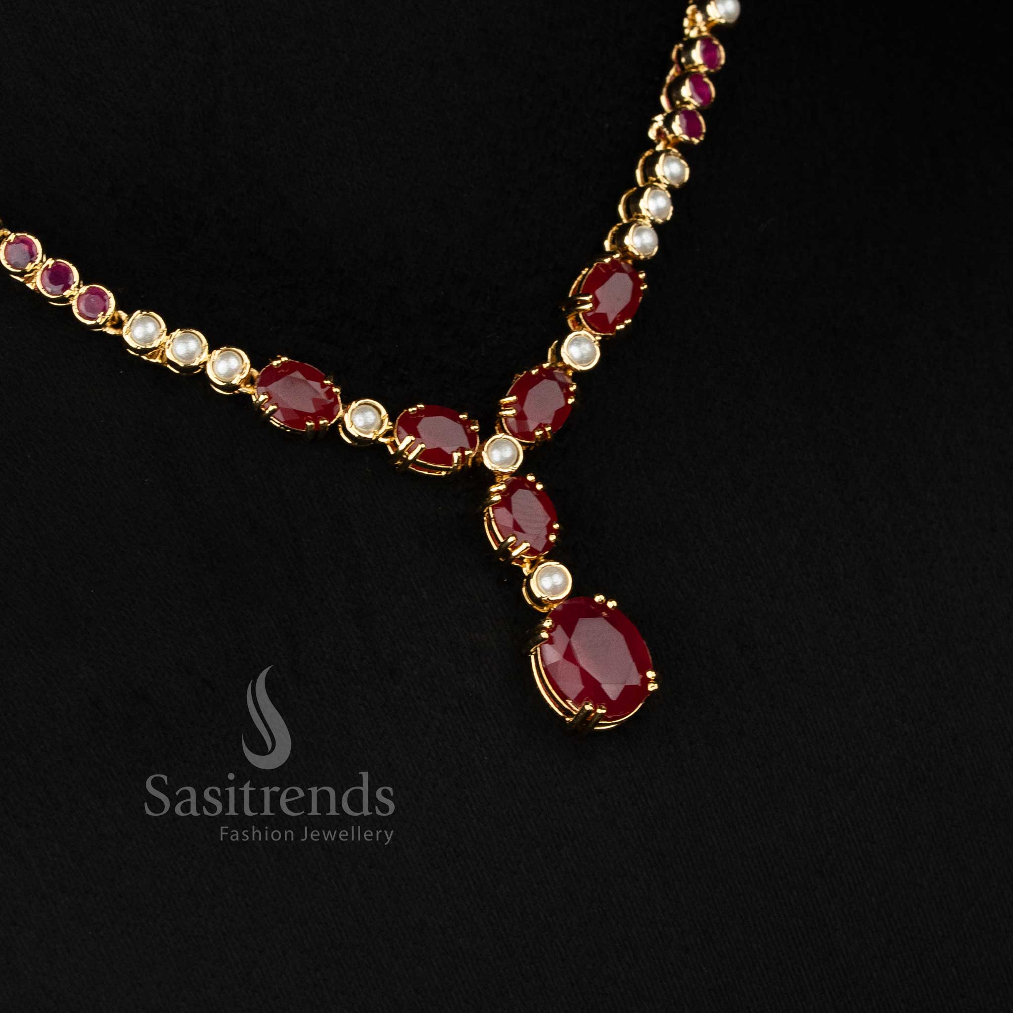Guaranteed Micro Gold Plated American Diamond Round Pearl and Oval stone Drop Necklace Jewellery Set | Party wear - Image 8