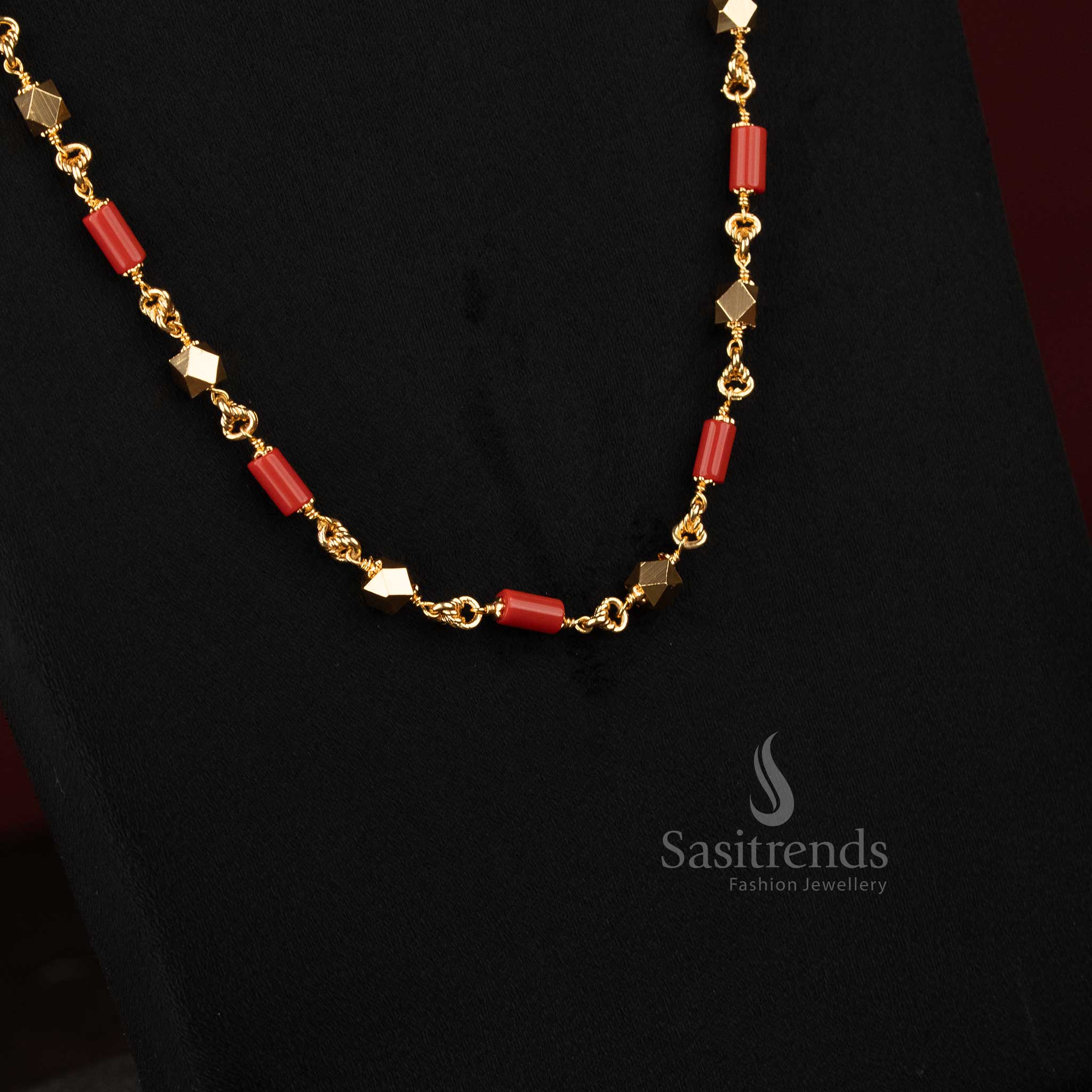 Exquisite One Gram Micro Gold Plated Chain with Red Diamond & Cylindrical Patterns - Sasitrends - Image 2