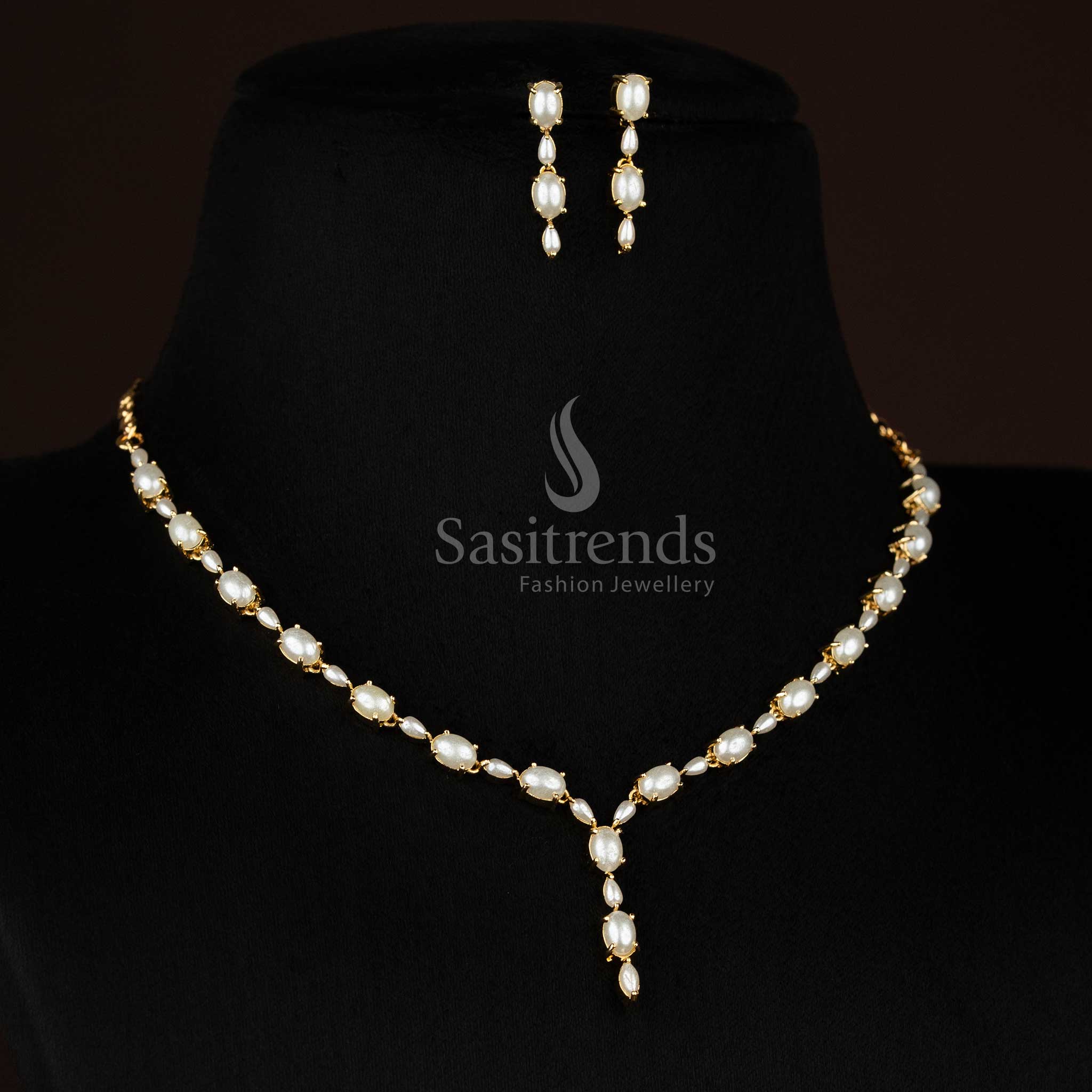 Majestic 24K Micro Gold Plated Oval American Diamond Pearl Necklace Jewellery Set | Party Wear - Image 2