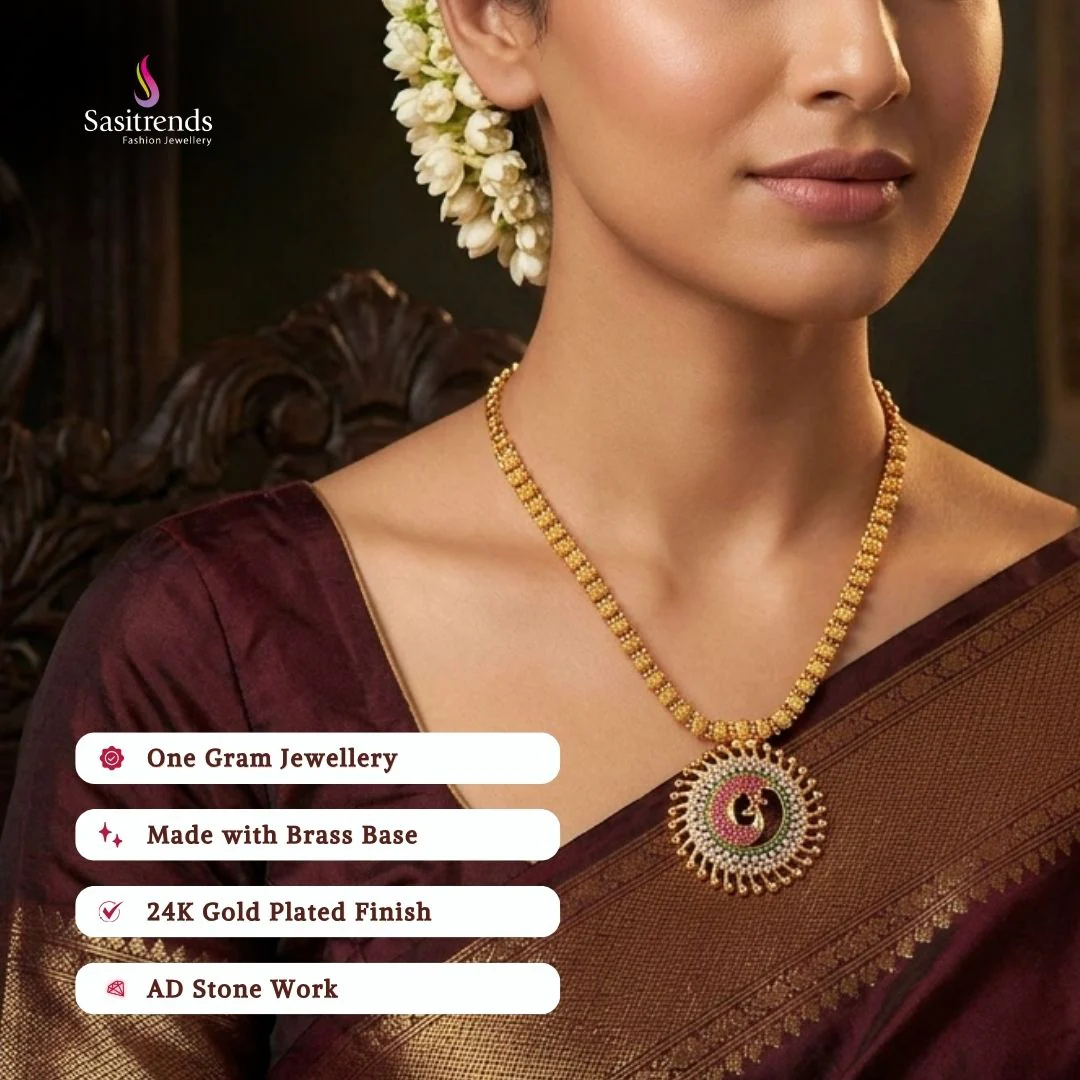One Gram Micro Gold-Plated Peacock Motif Necklace with American Diamond Stone Studded Pendant | Sasitrends - Image 2